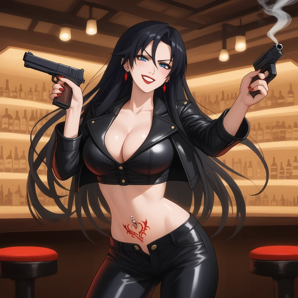 
Sawaragi Shiho XL, sawaragishihoexp, black hair, long hair, blue eyes, long hair, earrings, red lips, large breasts, ear piercing, long hair, blush, lipstick,Hot girl, baddie, smoking, sensual, attractive , bar background, inside bar, masterpiece, best quality, highly detailed, a girls with a gun, evil smile , open mouth, sexy gaze, badass
pose , evil smile, smile, (nsfw) not safe for work, guns blazing, anime girl with long hair, beautiful long
haired girl, navel, evil expression, exposed belly, exposed navel, exposed midriff, exposed lower belly,
long black pants, crop top, cleavage, unbuttoned leather pants ,open fly, low rise black leather pants,
leather jacket, holding a gun, holding pistol, navel piercing, tattoo, flower tattoo, dragon tattoo, belly tattoo, open arms sideway, arms T-pose, smirk, standing, anime girl T posing