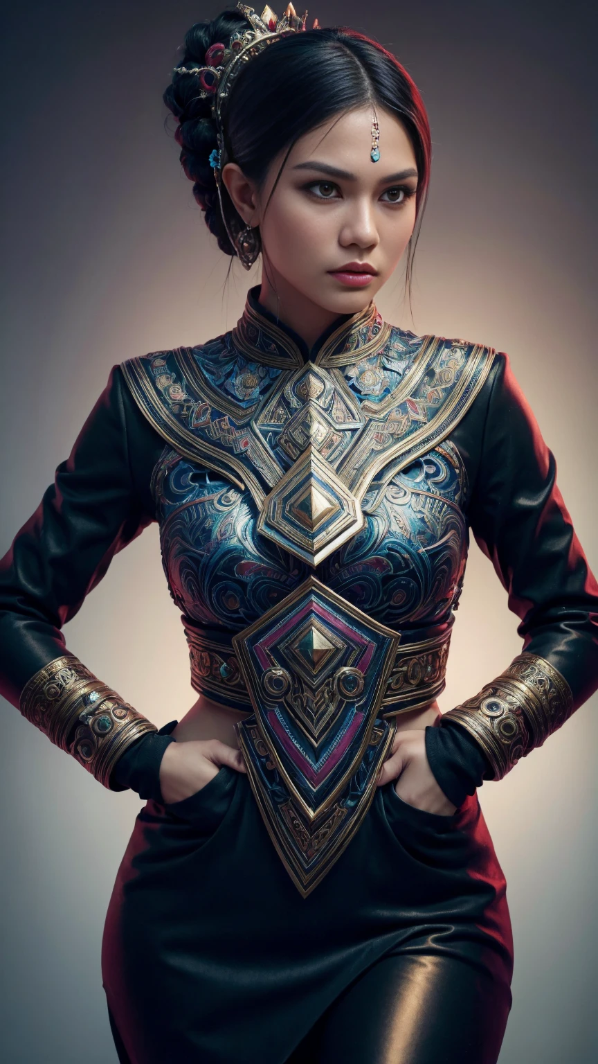 An Indonesian-styled futuristic suit worn by DemetOzdemir01 woman depicting cultural fusion and modern fashion. The suit is adorned with intricate patterns and vibrant colors, showcasing the rich heritage of Indonesia. The girl stands confidently in a dynamic pose, with her detailed eyes reflecting determination and curiosity. The suit's material is a combination of traditional textiles and futuristic synthetic fabrics, giving it a unique and avant-garde appearance. The overall image quality is of the highest standard, with sharp focus and ultra-detailed rendering. The artwork employs physically-based rendering techniques, resulting in realistic lighting and shadows. The colors are vivid and vibrant, capturing the essence of Indonesian cultural aesthetics. The background features a fusion of modern architecture and traditional elements, creating a harmonious blend of the past and the future. The prompt explores the intersection of Indonesian culture, futuristic design, and the artistic representation of a confident girl