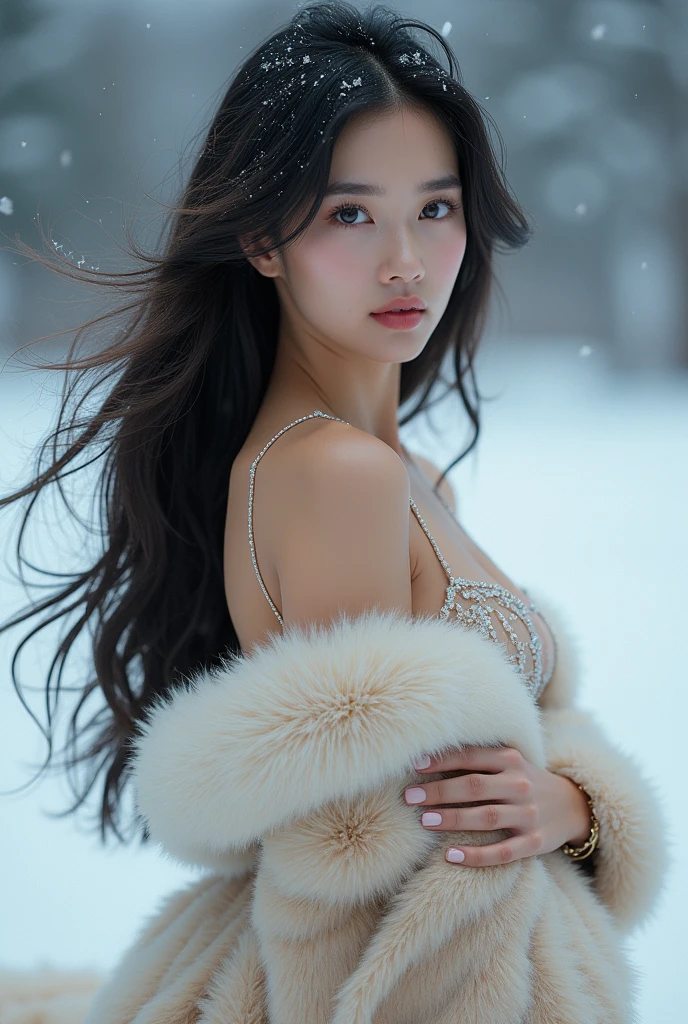 tmasterpiece、quality、ultra - detailed、Marilyn Tugue , Focus on the thighs and above,Clear face,(Best quality), beuaty girl:1.5、(Red fluffy off-shoulder dress style),long hair fluttering,Snowflake earrings、snowflakes falling、bblurry、Snow World