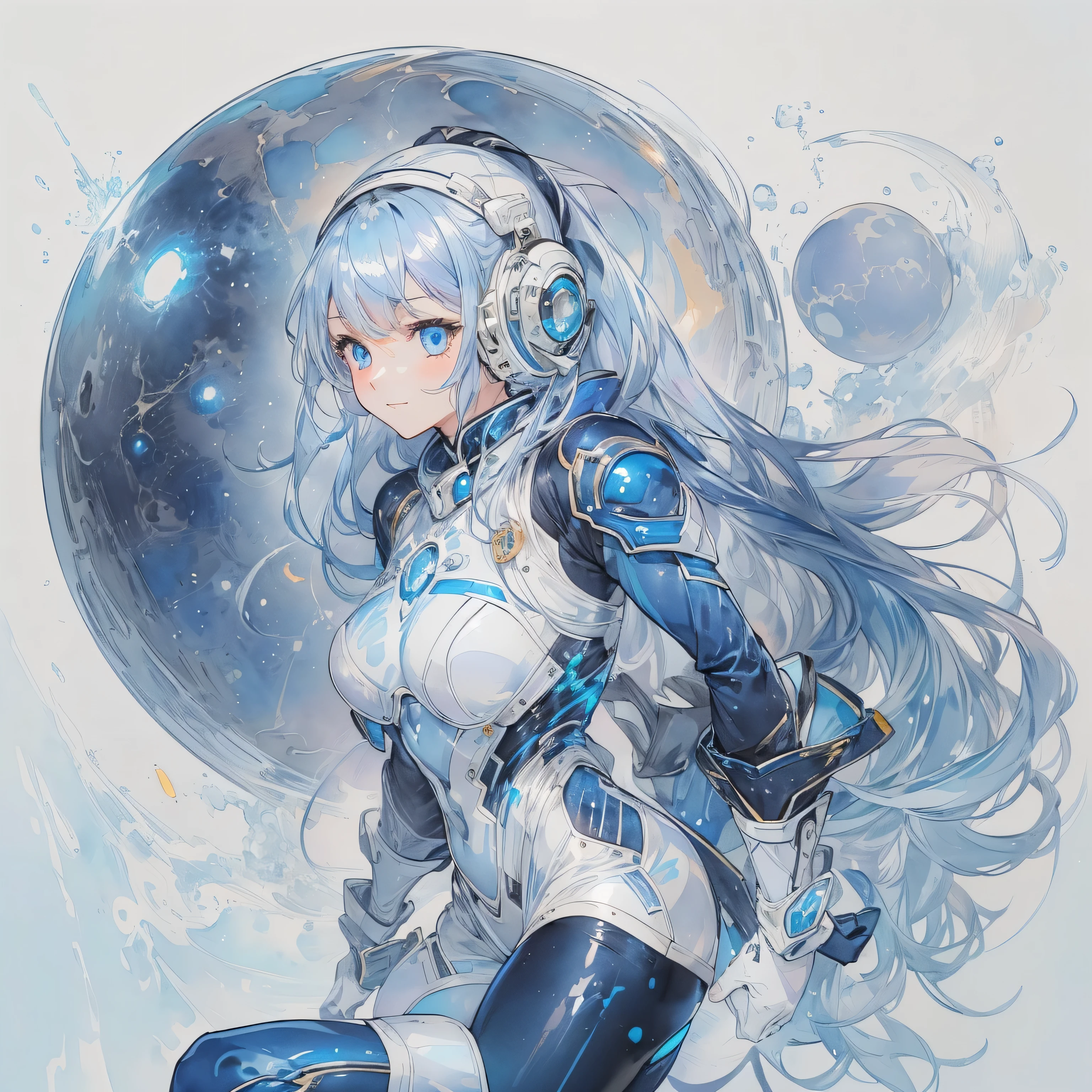 (Holographic glow effect)),(masterpiece、 best quality、 highest resolution、Clear_image、Detailed details): (Whole body、A 20 year old girl、Japanese Faces、 small face、 slender、Navy blue high knot ponytail、(Hidden small breasts:1.3)、 Sparkling Blue Eyes 、Shiny pilot suit in white, blue and black colors、Chest protection armor、Tight fitting clothes、Clothing that covers the whole body、Glamorous clothes、 tight fit pants 、Hide your skin、 very delicate and beautiful、Detailed Skin、Hide your thighs、Hide your ass、 cute、A gentle smile、Soft expression、heroine、 headset 、 long boots、Elbow-length gloves、 eye level shot、Peace talks between warring factions,attention arousal, Clever Blue Eyes,Face directly、 woman on a spaceship ), White Simple Background 、watercolor、watercolor、 background、Moon in the background