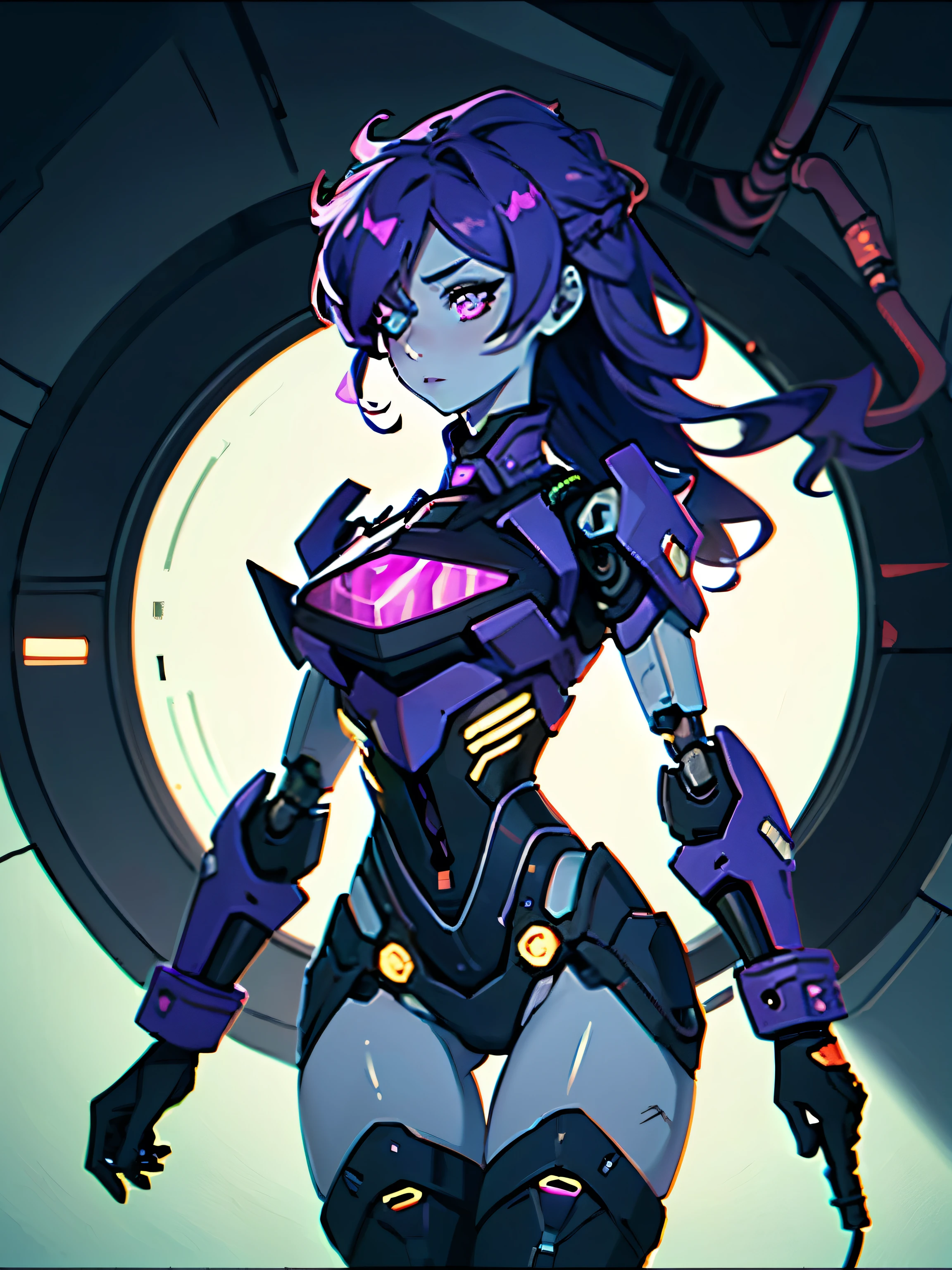 masterpiece, high quality, NSFW, woman, robot, ((upper body)), standing, (exotic mechanical_skin_complexion:1.4), mature, (looking away from the viewer), tall, beautiful, exotic, with long hair, neon purple hair, braided hair, (robotic head with one eye), Shockwave head, glowing blue eye, (dark_eyeliner), medium_bust, wearing steampunk lingerie, mechanical body, bare_shoulders, black thong, (thigh_gap), black thigh highs with embroidery, dynamic lighting casts detailed shadows, in dark laboratory, dim lighting, 