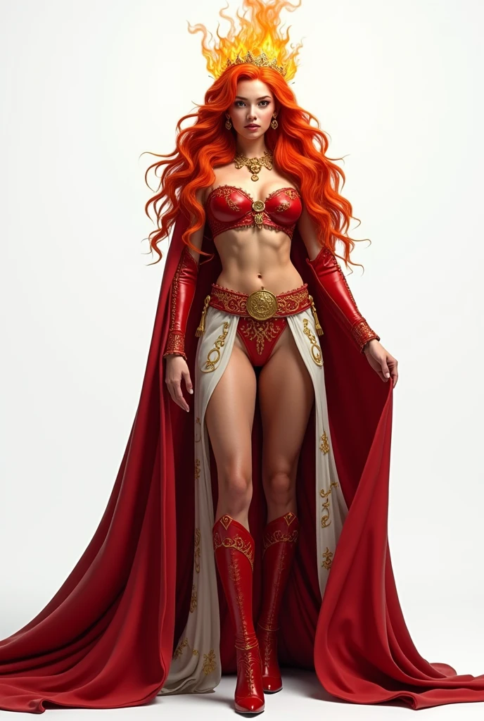 Create the realistic image of a beautiful goddess with red hair, radiant, powerful and with a statuesque body. She is wearing a short, low-cut, tight wine red leather dress. The dress is adorned with intricate raised symbols, giving it a mystical and sacred look. with his right hand he grasps, holds or wields a shining golden sword, the blade of which is engulfed in a great burning golden flame. The goddess radiates a mystical energy and her gaze reflects annoyance and determination. His presence is imposing and full of power. Whole body.