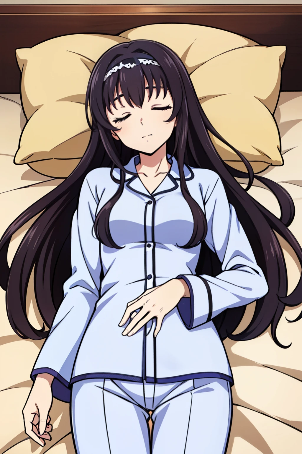 masterpiece, highest quality, Detailed face, Beautiful and detailed eyes, Beautiful Face, Perfect body, Official Art, grand plix award illustration, official art,Professional Lighting,

One girl, kotegawa yui, to love-ru,perfect body,black Hair, long Hair, brown eyes,

white collared shirt over naked,extra large shirt,sleeve past hands,lying side on the bed,

Style of Yabuki Kentaro, To Love-Ru art style,

libido expression, seductive smile