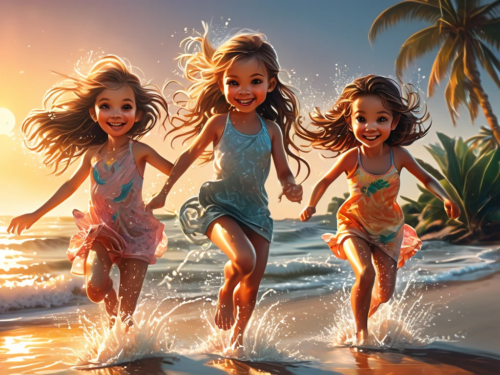 A group of three cute girls (like face:1.5) play tag at seashore. Bare legs. Sea water wash over their feet. Energetic. Sunshine. Masterpiece, Anatomically Correct, High Details, Blush, Smile, Tongue, Cowboy Shot, Ribbon, Sparkle, water splash, swimwear, sexy, seductive. Crayon coloring style. Jumping fishes. Tropical beach plants and trees. Sunset lighting. Sunset sky. 