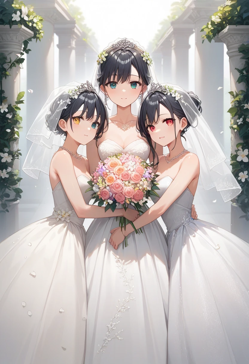  score_9,  score_8_up,  score_7_up, source_Anime,  Hi-Res Image,  Masterpiece , best quality,Adult female, cute face, fair skin, shiny hair, ultra-detailed eyes sandwiched between columns, simple background,   wedding dress , flower