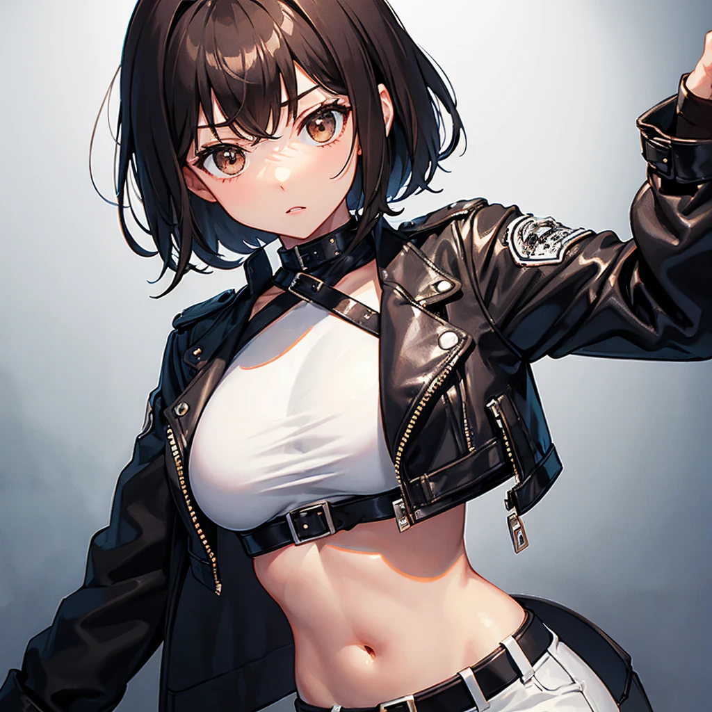 Mysterious Fog, (flat chest:1.5), rider, Black Leather Jacket, Misaka Mikoto, 1girl, black choker, uhd, retina, masterpiece, ccurate, anatomically correct, textured skin, super detail, high details, high quality, best quality, highres, 4K
