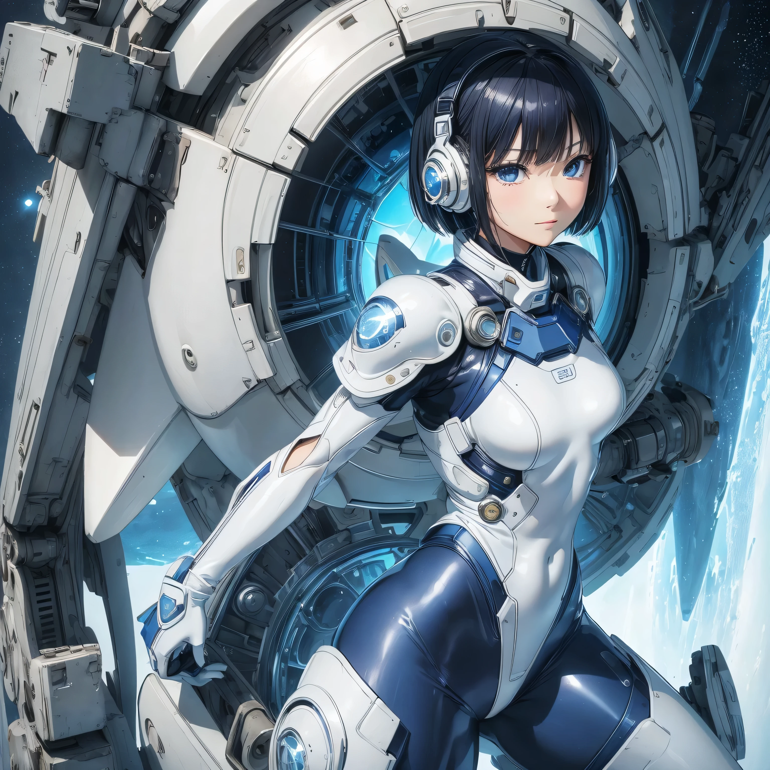 (masterpiece、 best quality、 highest resolution、Clear_image、Detailed details): (Whole body、A 20 year old girl、Japanese Faces、 small face、 slender、 dark blue super short bob cut hair、(Hidden small breasts:1.3)、 Sparkling Blue Eyes 、Shiny pilot suit in white, blue and black colors、Chest protection armor、Tight fitting clothes、Clothing that covers the whole body、Glamorous clothes、 tight fit pants 、Hide your skin、 very delicate and beautiful、Detailed Skin、Hide your thighs、Hide your ass、 cute、A gentle smile、Soft expression、heroine、 headset 、 long boots、Elbow-length gloves、 eye level shot、Peace talks between warring factions,attention arousal, Clever Blue Eyes,Face directly、 woman on a spaceship )