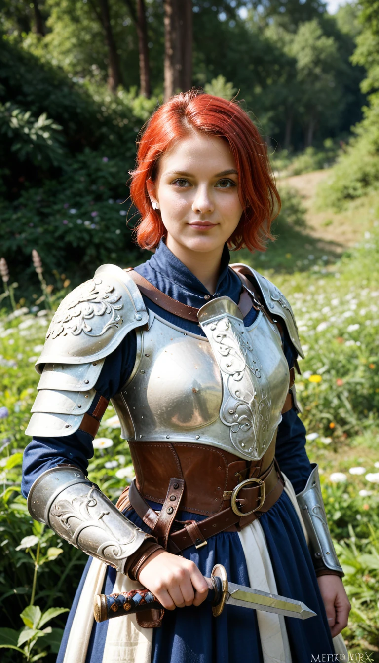 (masterpiece, high quality, 4k resolution, 8k resolution, photo realistic), (Focus on details:2), A young woman warrior armor silhouette, medieval style, short red hair, 