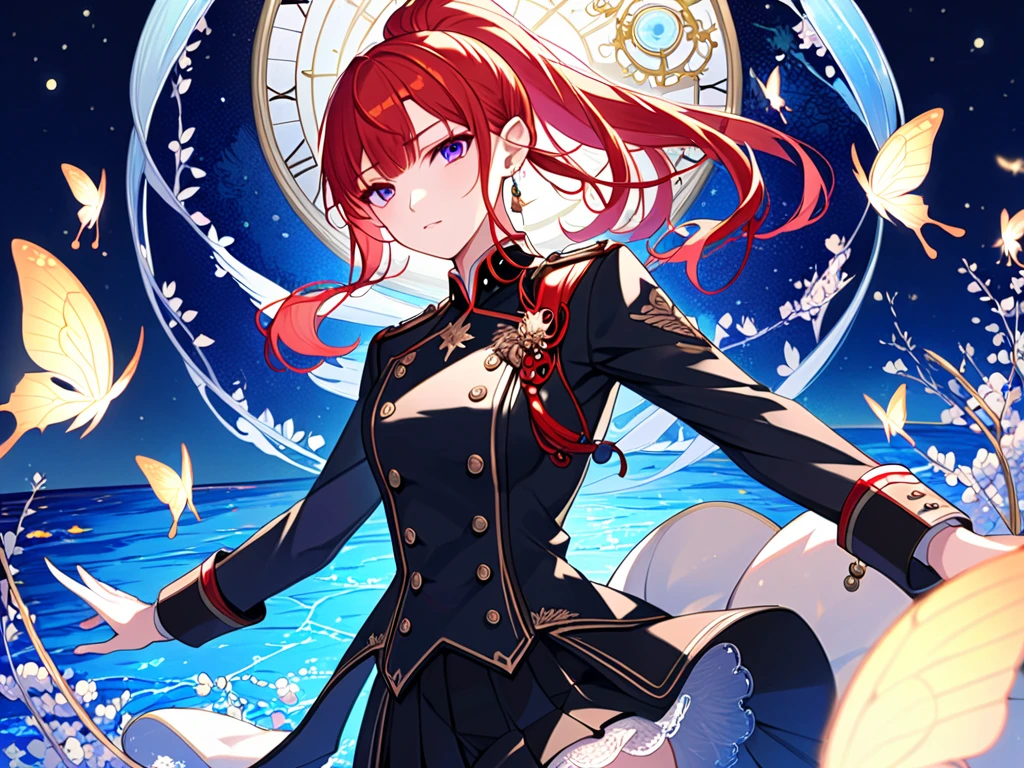 I am a woman with a high ponytail and red hair, featuring bangs that expose my forehead. My outfit is a fantasy-style combination of military uniform, tailcoat, and suit. I am wearing tights and lace-up boots, and I have earrings in my ears. This is a full-body depiction, with high quality, high performance, and the highest quality, and my limbs are anatomically correct. I am alone, with a furrowed brow and sharp, masculine eyes. I am wearing a black pleated skirt, and my eyes are on the smaller side. Anatomically correct, there are only two legs and two arms, with five fingers. sea butterflies, night raid, fairy light, very deep sea,fantastic 、sea、.magical、twilight、one girl、standing beach、dynamic pose、 beautiful face、Masculine eyes、Castle in the back、fantastic castle and clock