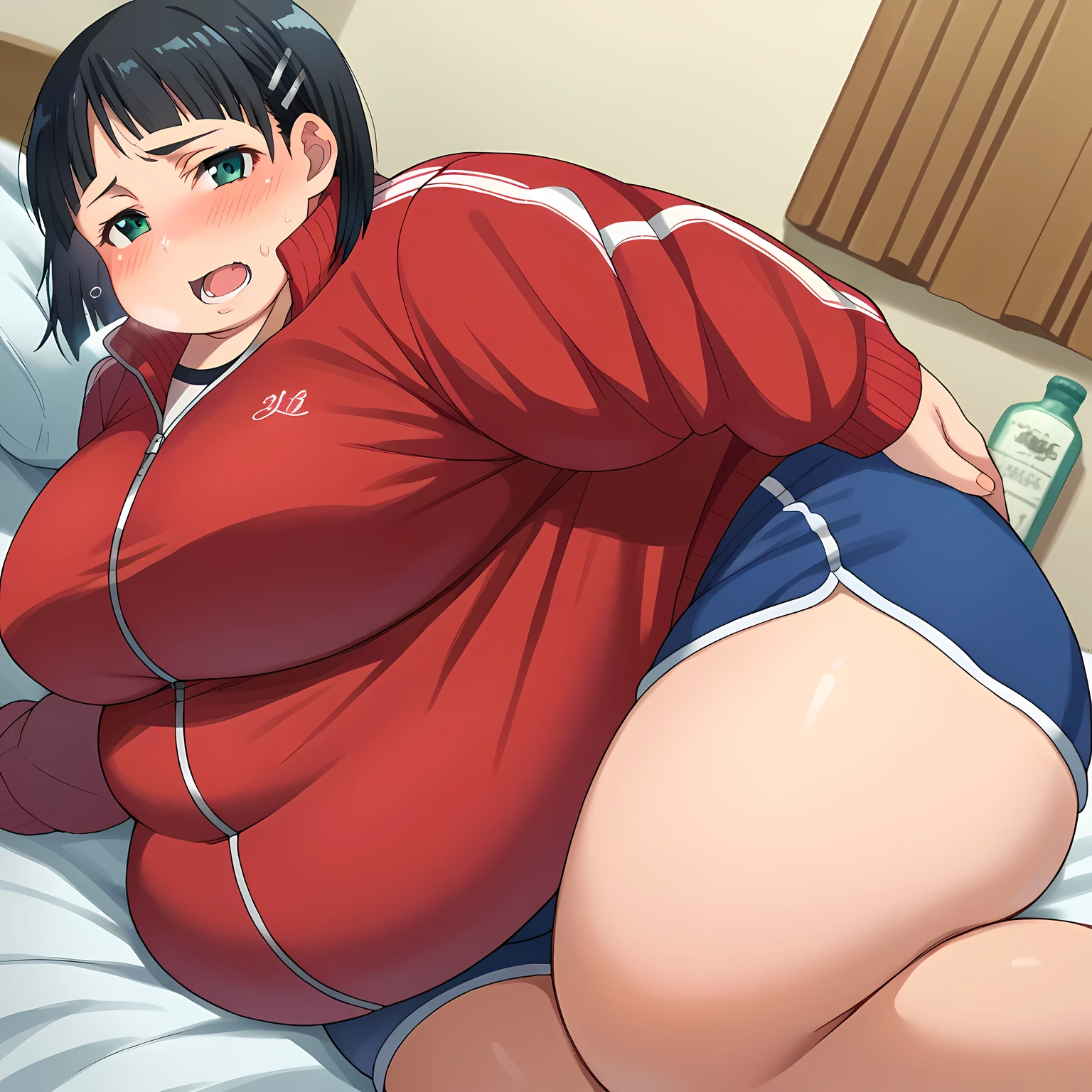 score_9, score_8_up, score_7_up, source_anime,
suguhakirigaya, suguha kirigaya, short hair, black hair, hair ornament, hairclip, green eyes,
jacket, shorts, short shorts, blue shorts, track jacket, dolphin shorts, gym shorts, red jacket, shirt, black shirt,
indoors, bed, bed room, on side, blush, drunk,
looking at viewer, cowboy shot, solo, dutch angle, fat, chubby, obese, gigantic arms and legs, large breasts open mouth, out of breath