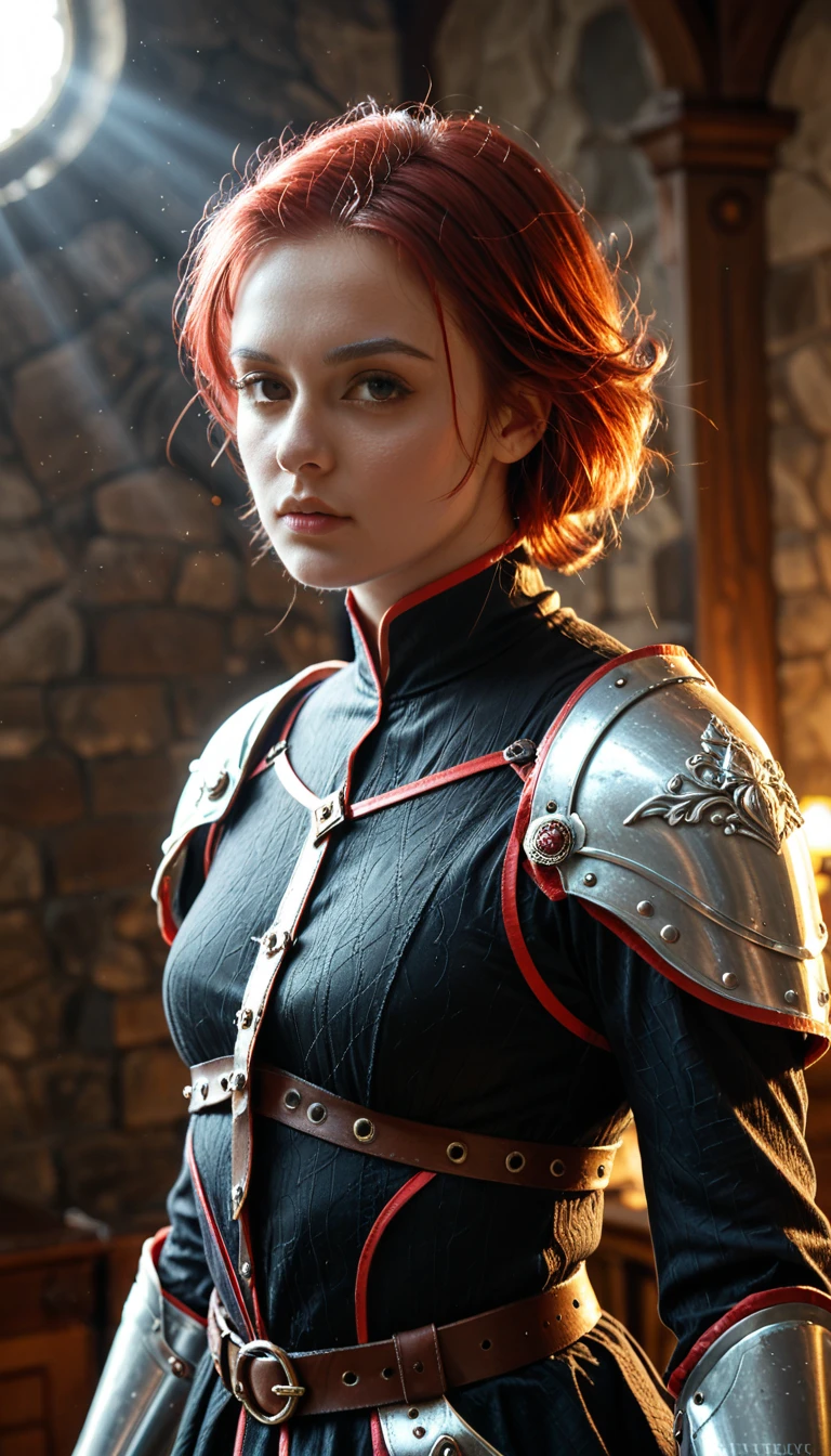 a young woman warrior in medieval armor, short red hair, dramatic lighting, highly detailed, photorealistic, cinematic composition, dynamic pose, fantasy, dark moody atmosphere, glowing energy effects, volumetric lighting, intricate details, rich textures, vibrant colors, dramatic shadows