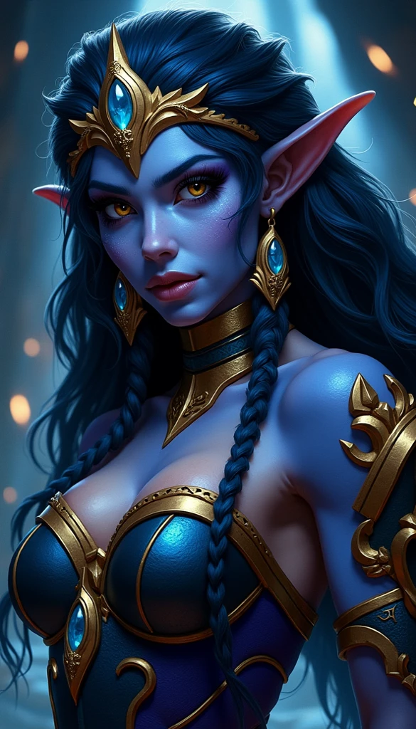((there is a digital painting of a woman with blue hair, and blue skin)), ((8k)), ((blue skin)), ((blue elf)), ((elf with blue skin)), character art portrait, portrait, portrait, detailed matte fantasy portrait, ((a portrait of an blue skinned woman)), character portrait, Shapeshifter, ((Pillars of Eternity)), a pale elf, shapeshifter, druid, ((Painted By Loles Romero)), ((Created By Loles Romero)) ((From ArtStation.com)), ((realistic)), ((highly detailed)).