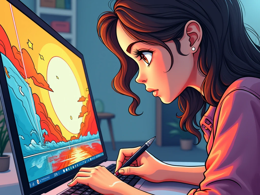 Comic Characters Using Computer A closeup view of a laptop on which a girl is making comics - SeaArt AI