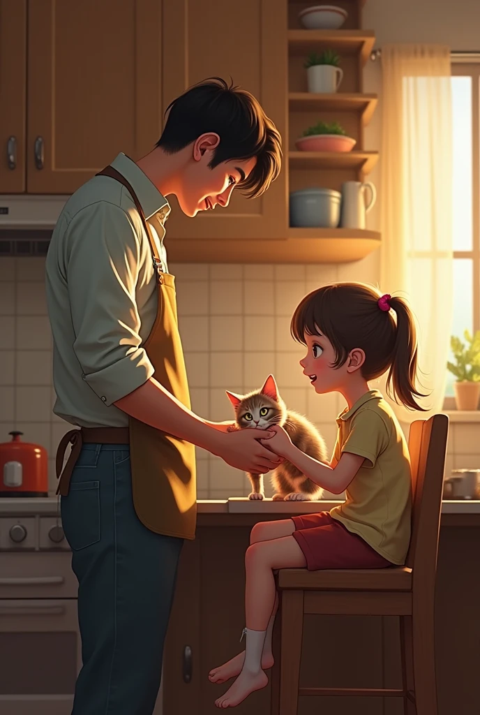A distressed child, lost and alone, is comforted by the shop manager, who carefully takes care of the child while the chubby cat and kitten are gently led away.