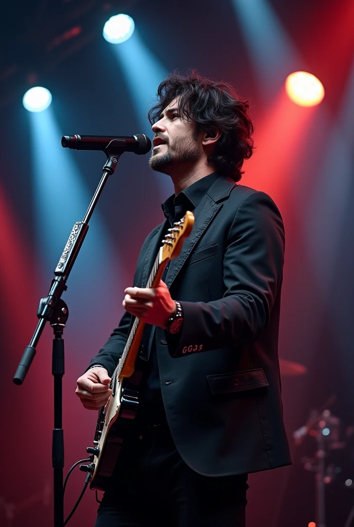 male rock singer 35 years black hair singing on stage holding a microphone stage with lights