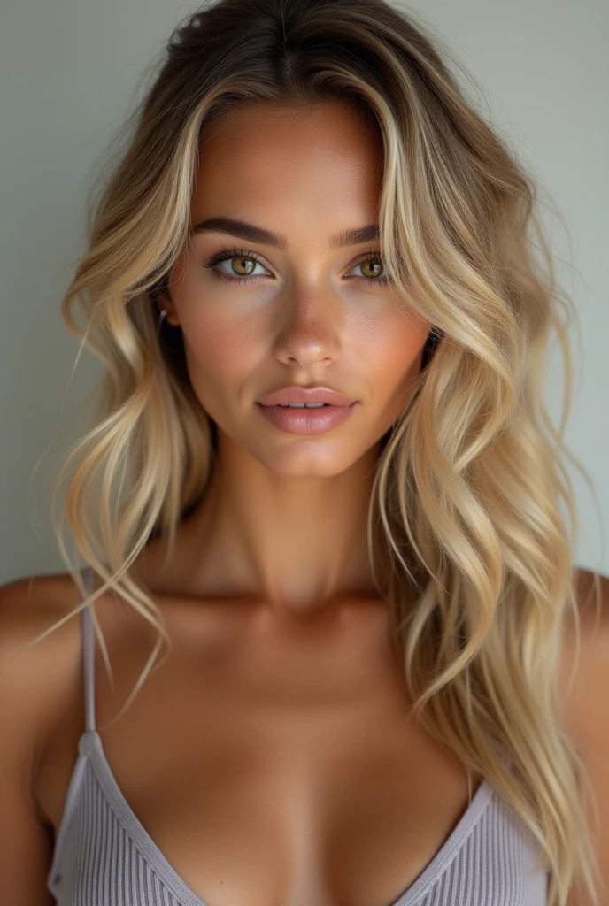 She is a stunning 21-year-old blonde beauty, showcasing her luscious balayage-styled locks and captivating brown eyes in a beautifully crafted selfie. Her exquisite taste is evident in her selection of chic latex leggings, which complement her radiant complexion. (high-quality image:1.9), (stunning fashionista:1.8), (soft lighting with subtle glow:1.4).