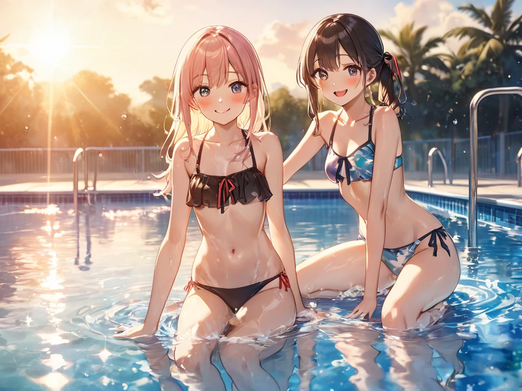 white swimsuits，Swimming pool，sat on the ground，Hand on the ground，legs separated