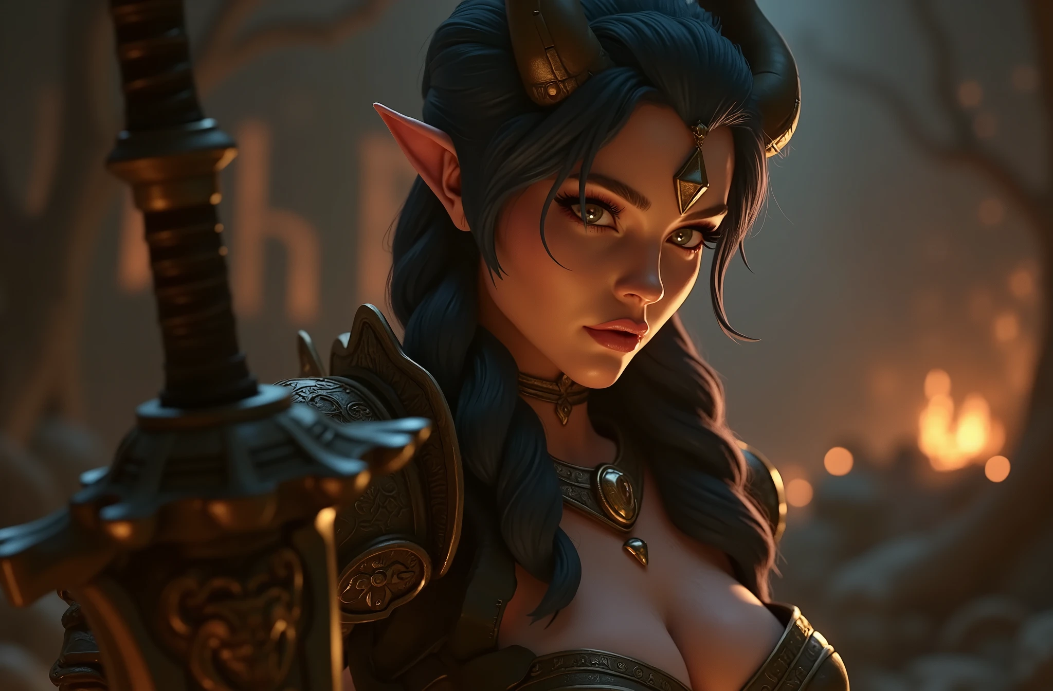 A beautiful tiefling woman, detailed face, giant cat pet, powerful, intricate fantasy cyberpunk outfit, cinematic lighting, dramatic colors, photorealistic, masterpiece, 8k, best quality