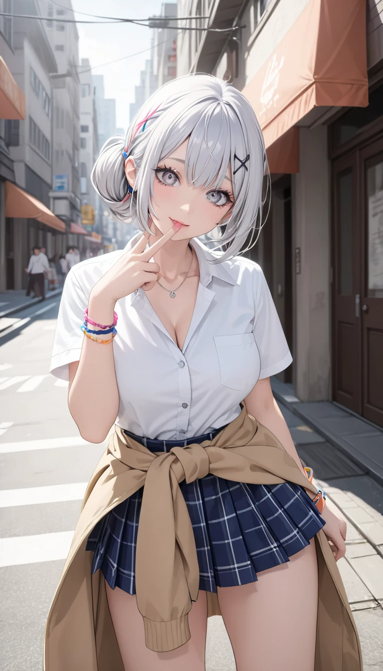 (mature woman:1.3), adult, solo, (White short hair:1.2), yellow eyes, medium breasts,( thin:1.1), (short white top:1.1), open neckline, (white short plaid skirt:1.2),( white stockings:1.1), (sitting on the pavement:1.1), night city in the background, streetlights, smile, (masterpiece), (high quality), (best quality), (detailed), hd, perfect lighting, detailed face, detailed body, sexy, (underboob:1.1),