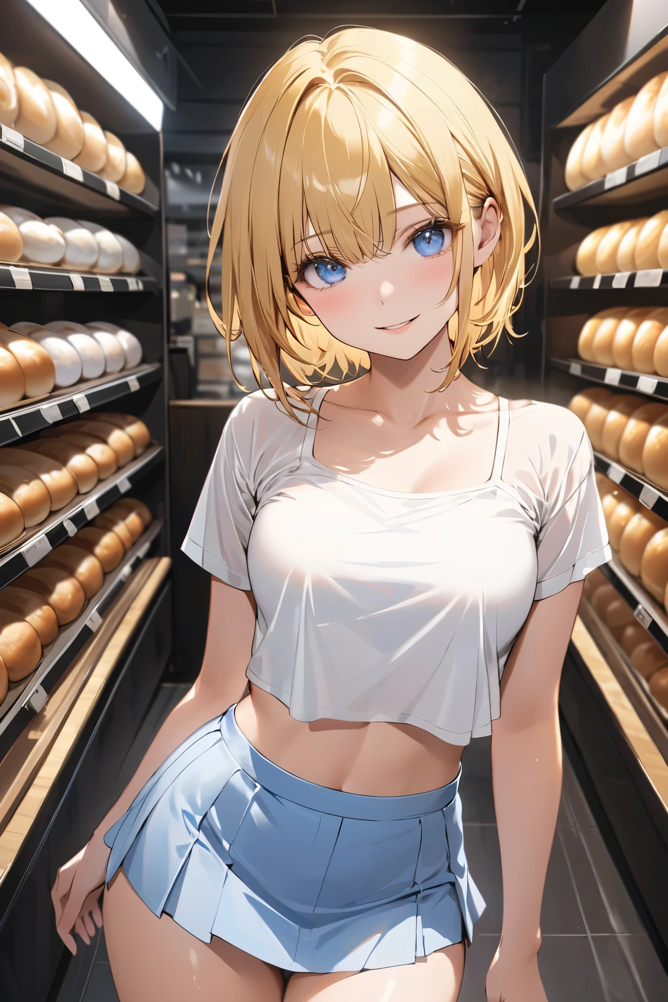 (1girl, solo:1.5), blonde hair, short hair, hairband, Purple eyes,  ,nsfw , large breasts, nipple, Walking, convenience store, frozen, (Sweating profusely, Love juice, Wet Woman, female ejaculation) Naked, Blind ,Temptation, Blank look,, , Peeing, lactation, projectile lactation