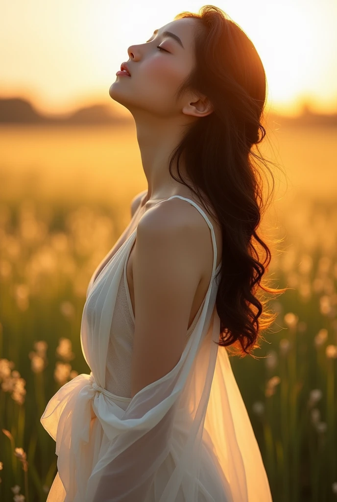 ((best quality, 8K, masterpiece :1.3)),  girl, highly detailed, head looking up and eyes closed, Tranquil sunset scene featuring a woman The woman is wearing a flowing white dress that catches the golden light of the setting sun, highly detailed, realistic, sharp features, highly detailed, sharp focus, perfect face, perfect symmetry, perfect eyes, perfect lips, nice anatomy, flexible female body shape, sexy face, big breasts, exposed cleavage, ((cinematic, film light, dramatic)), highly detailed, hyperrealistic, masterpiece, atmospheric, high resolution, dynamic studio lighting. looking at the viewer's atmospheric perspective, volumetric lighting, clear focus, (realistic, Hyperrealistic: 1.37), 16k HD, information, ((full shot)).
walking closer to the camera in a field of wildflowers. The scene evokes a sense of calm, peace, and the serene beauty of nature as it transitions into night. ((cinematic, film light, dramatic)), highly detailed, hyperrealistic, masterpiece, atmospheric, high