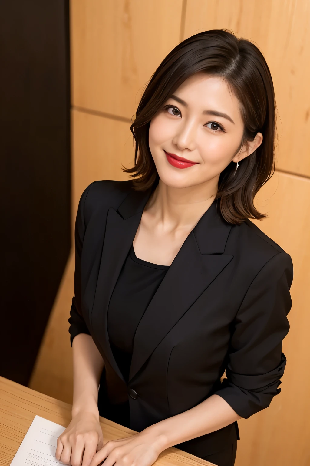 masterpiece,highest quality, (Mature Woman、30 years old), Glare, (Light grey blazer:1.6), (White ruffled blouse:1.5), (Black pencil skirt:1.4)、double eyelid, eyelash, Lip gloss, (smile:1), (Looking at the audience、Full body image、Are standing),Written boundary depth、尖ったRed Mouth、(Black wet shiny short hair),Red Mouth,clavicle、(Full body portrait:1.6)、Digital Illustration, (Realistic:1.3),(RAW Photos),(The hotel lobby is reminiscent of the Russian Kremlin:1.6)、(A dignified atmosphere:1.3)、