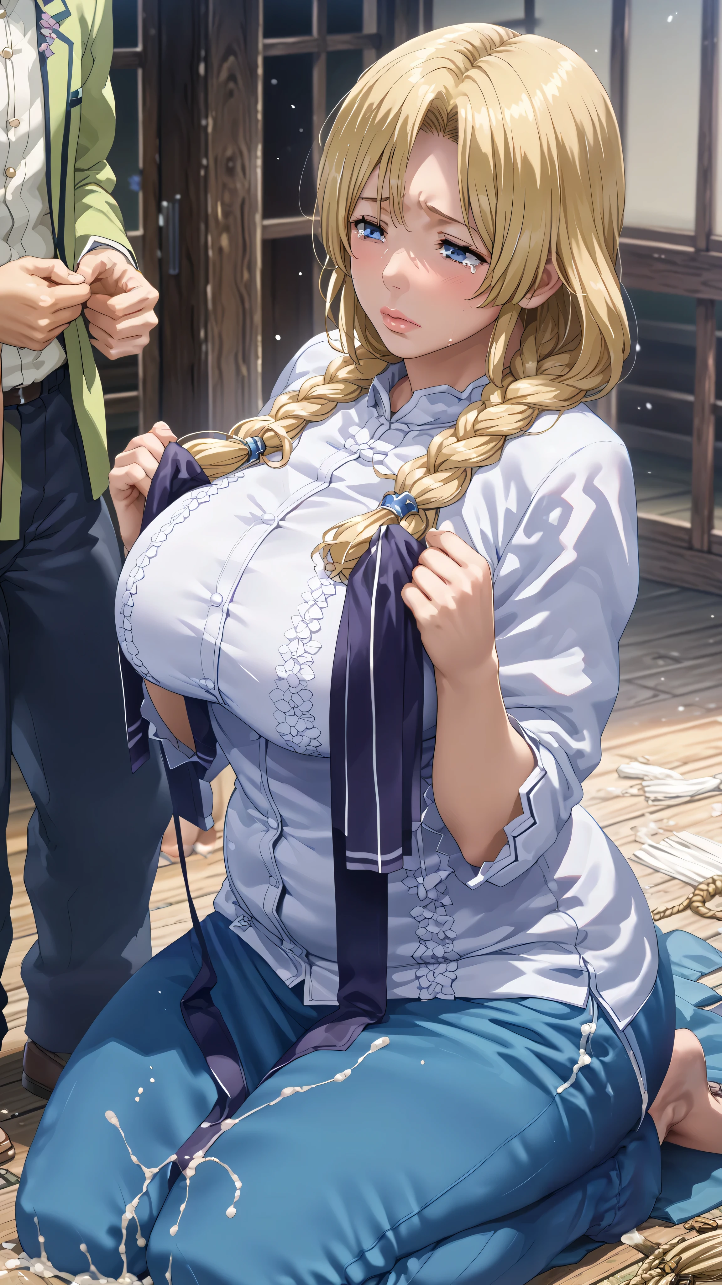  score_9,  score_8_up,  score_7_up,  score_6_up,  score_5_up,  score_4_up,  source_anime, tag1,  tag2, quality_  Masterpiece ,  Anatomically Correct , ((( big breasts with unmeasurable bust size))),  Wide Hips  , Gargantuan butt ,  thick thighs , function, mature mature , mature mature , maternal,  attractive ,  long hair,  blonde hair,  braided  , Pictures of  attractive Japanese women with good eyes , 、Kneeling Girl、 Improve, Black women,  plump lips  , Thick lips， chained ,  Harassment, 、Shameless , semen , semen , Teacher says 、  Miniskirt and white shirt  、Big Breasts、 ((Clothes tear terribly  :1.65))、Side-side slit, was done,  cannot measure bust size  、 Stroking a woman's hair  , , Lower your head ,( Lower your head,  Details of his face and environment  ,  Details of clothes and accessories  , Mouth with semen  , Dry environment and  , Unconscious, Men ，((My whole body is wet in semen:1.95))