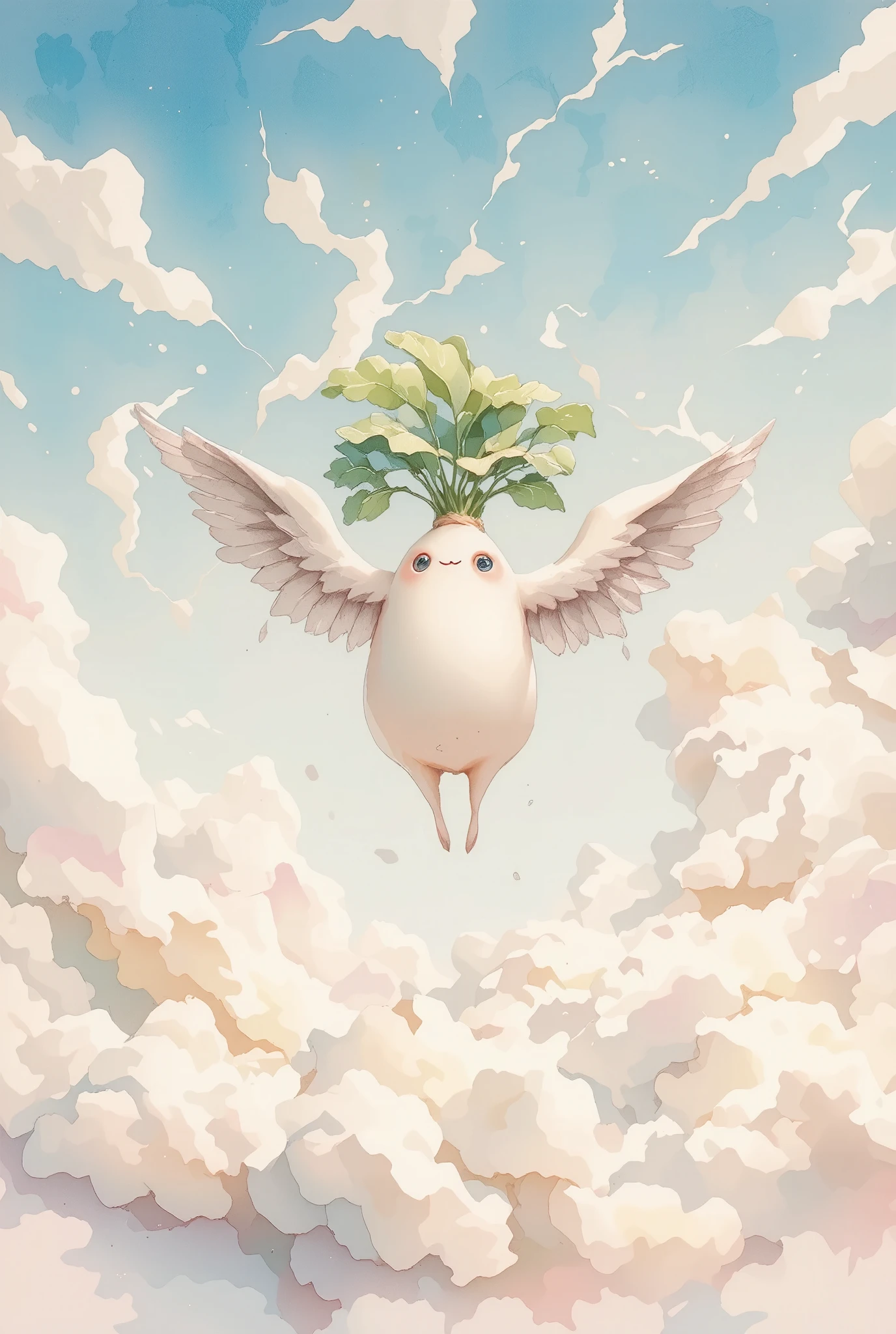 ink style, water color, daikon with massive bird wings flying in the sky, happy face, colorful clouds, amazing background, pastel color