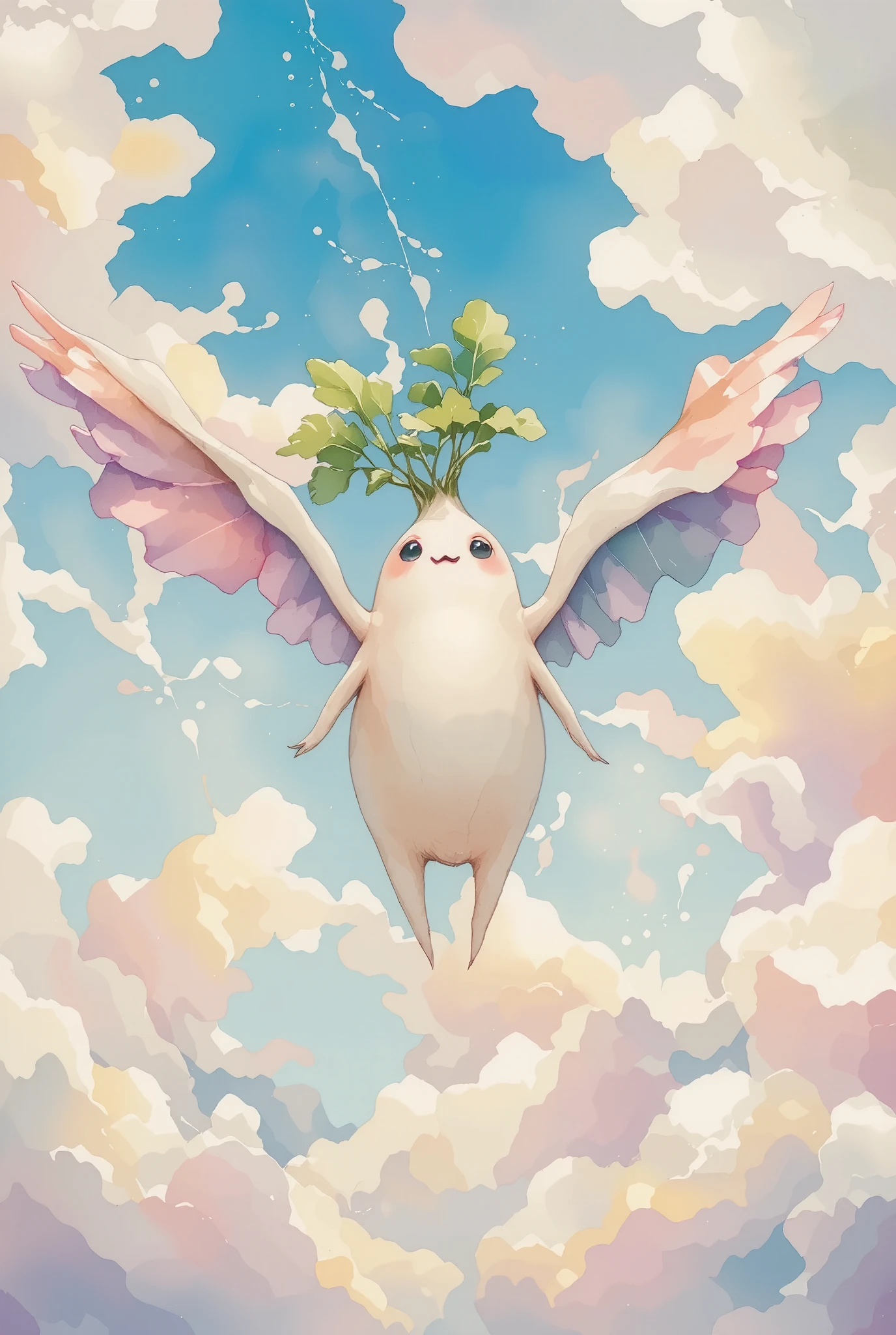 ink style, water color, daikon with massive bird wings flying in the sky, happy face, colorful clouds, amazing background, pastel color