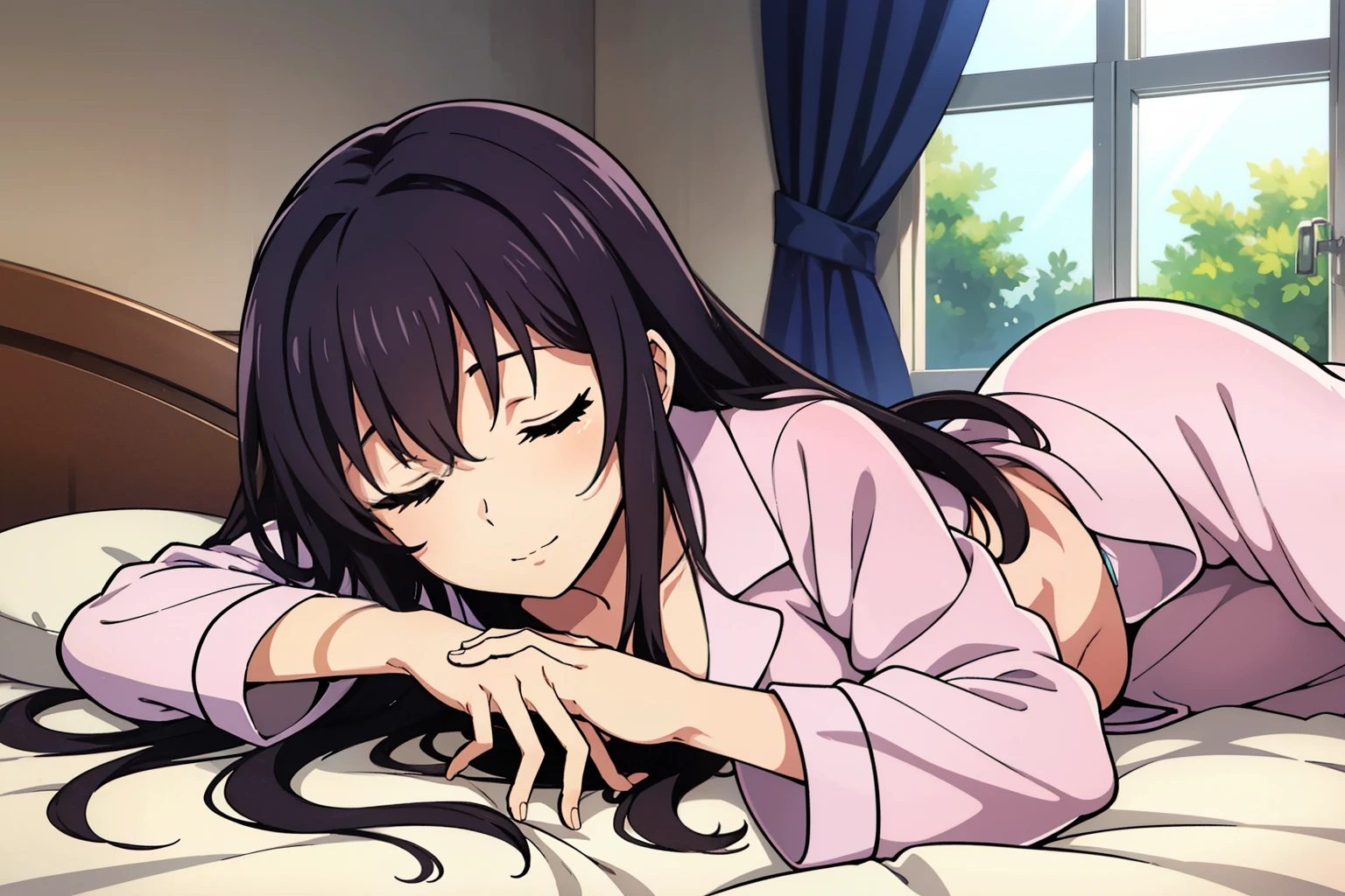 from side, 1 girl, cute, black hair, masterpiece, ((lying on side and Sleeping on the bed)), (Pajamas), full body, (Curtains are open and sunlight is shining through the window), (anime cels style, Masterpiece, best quality, high resolution, anime colored, megami magazine:1.2, anime poster style, anime keyvisual, sharp, 8k, photorealistic), 