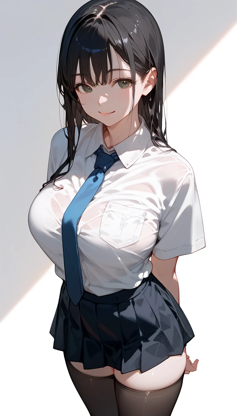 ((Score_9,Score_8_up,Score_7_up)),(((status_anime))), (((anime))), (((1 anime girl))), ((white skin)), high school student, sexy body, thighs, big breast, black hair, standing, soft thighs, (soft body), white shirt, black skirt, black tights, blue tie, sexy smile, panty, highest quality, detailed,30 years old,Top quality eyes, (white background), lighting from the front, (round body)
