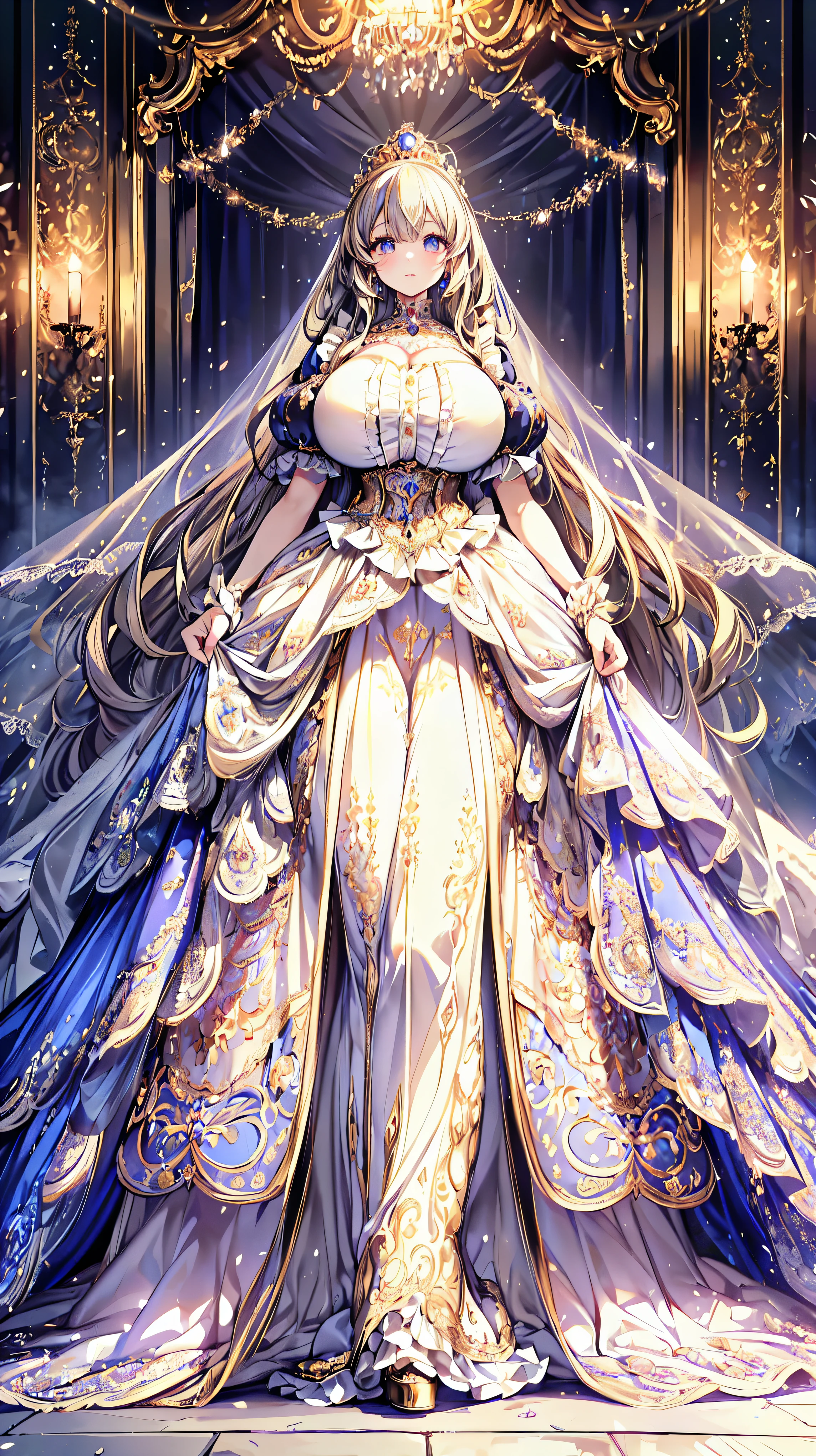 (ultra detailed), (highest quality), (high resolution), 1 girl, (((1 princess in gorgeous princess rococo victorian gown with voluminous hoop skirt))), beautiful embroidery and jeweled extremely rococo royal princess gown, gorgeous embroidery and beautiful lace, see through lace, gigantic breasts, super detailed skin, (((solo young face princess))), luxurious ruffle gown, 
BREAK 
fluffy shiny hair, ((super voluminous long hair)), curly hair, (((asymmetry bangs))), pretty jeweled tiara, crystal earrings, beautiful eyes, faint lips, delicate and beautiful face, finely detailed face and eyes, long veil, (((anatomically accurate hands))), skindentation, 
BREAK 
standing in palace, front view, looking at viewer, full body portrait, (depth of field), caustics, cinematic lighting, (moe anime art style:1.3), (beautiful background), ((gorgeous princess rococo victorian gown with voluminous hoop skirt)), 