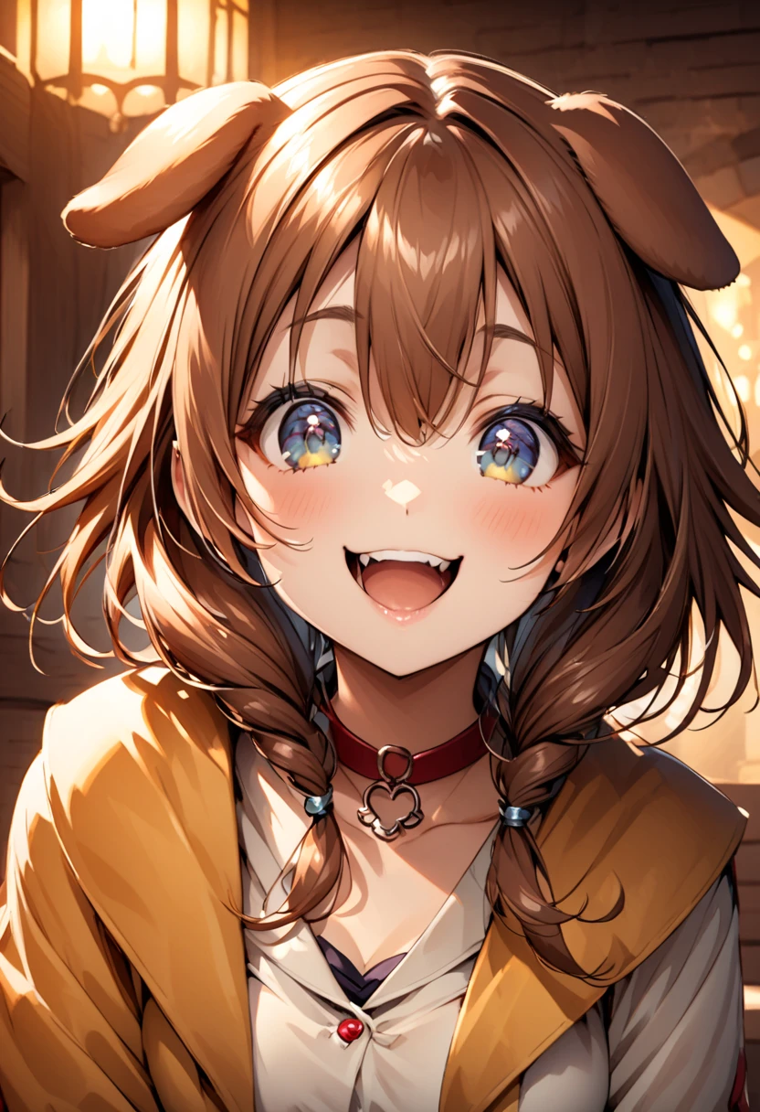 korone looking at the viewer. she has a happy face, her eyes sparking with joy and her mouth opened with a big smile. she has droopy dog ears on her head. half body, warm lighting for the adorable and whimsical mood.