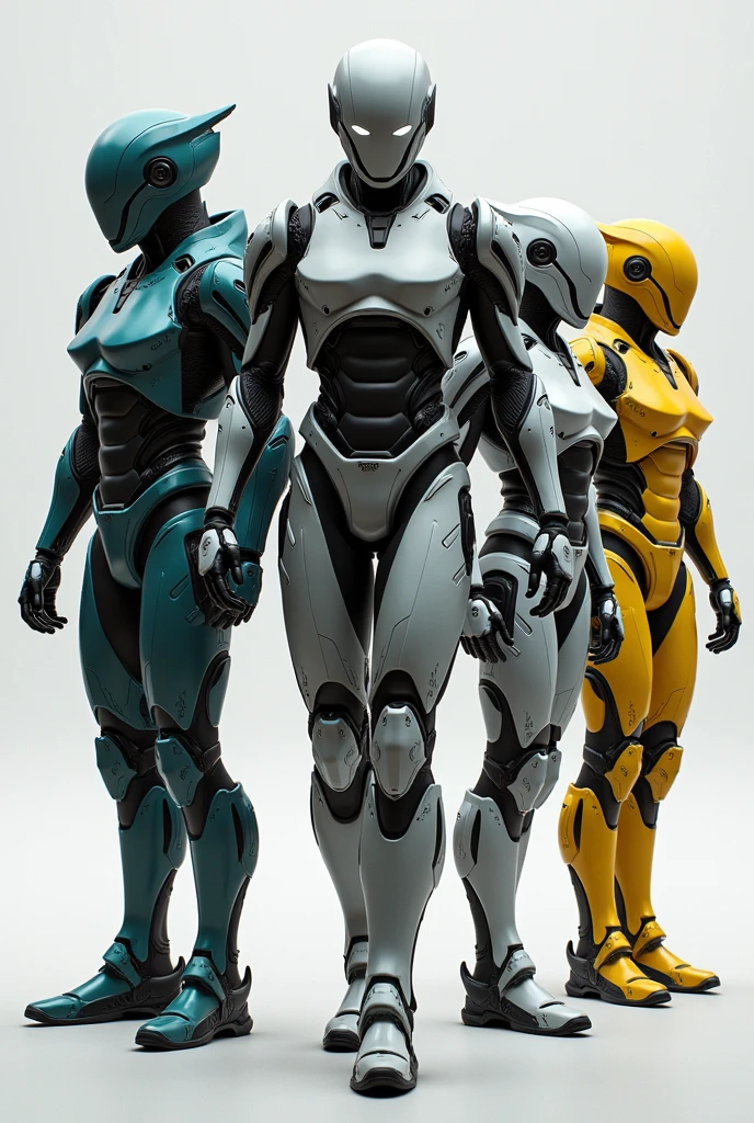 three different views of a robot standing in a line with a green background, cybernetic and highly detailed, cybersuits, lots of 3 d cyborg elements, enormous chrome man, male android, robot metallic armor, futuristic robot body, cybernetic body, diverse cybersuits, clones, robots, highly detailed cybernetic body, focus on two androids