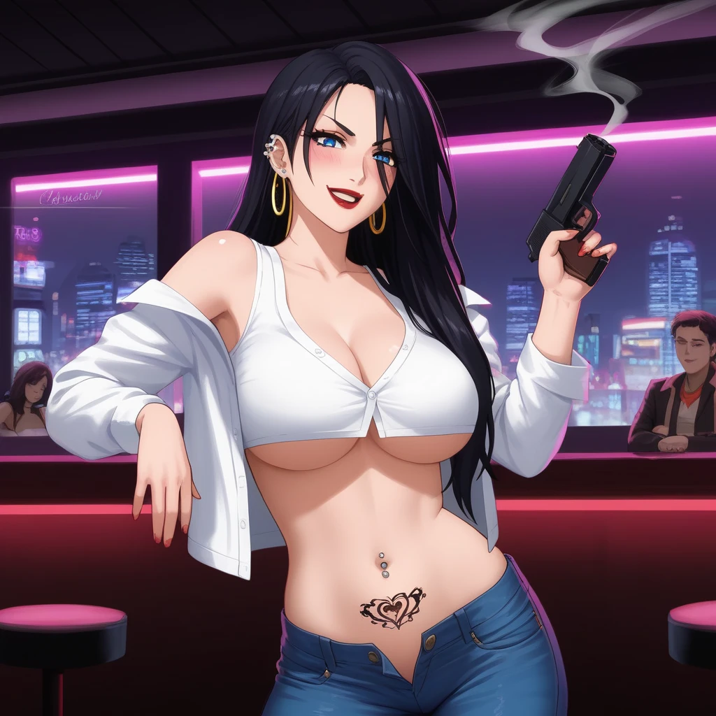 
Sawaragi Shiho XL, sawaragishihoexp, black hair, long hair, blue eyes, long hair, earrings, red lips, large breasts, ear piercing, long hair, blush, lipstick,Hot girl, baddie, smoking, sensual, attractive , bar background, inside bar, nightclub, bar, indoor, cityscape, building, city lights, blush, lipstick, masterpiece,high quality,4k, bare shoulder,belly,crop top,holding pistol,cleavage, unbuttoned shirt,shirt, knot, indoor,smile, open mouth, (nsfw) not safe for work, evil expression, exposed belly, exposed navel, exposed midriff, exposed lower belly, crop top overhang, underboob,jacket, unbuttoned jeans , low rise black jeans, Low rise jeans, Low rise jeans with open fly, navel piercing, tattoo, flower tattoo, dragon tattoo, belly tattoo, open arms sideway, arms T-pose, smirk, standing, anime girl T posing