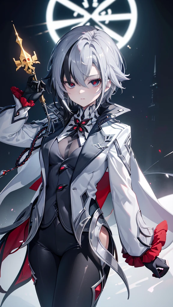 best quality, masterpiece,parted_lips, sidelocks, turtleneck, black_gloves, x-shaped_pupils, :d, looking_at_viewer, simple_background, highres, full body, finger_in_mouth, index_finger_raised, licking her finger,solo, grey_background, 1girl, arlecchino_\(genshin_impact\), long_sleeves, absurdres