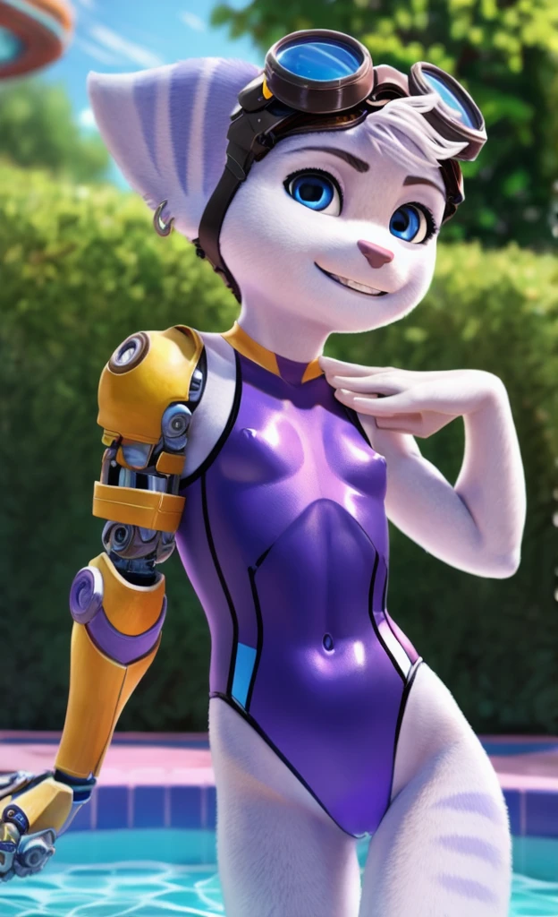 Rivet, tail, furry, 1girl, young, solo, (yellow cybernetic protease on the right shoulder), (wearing black wet swimsuit), standing at interior swimming pool, detailed body fur, detailed body, detailed eyes, detailed face, athletic, skinny, high quality, masterpiece, (small breasts), goggles, :D, looking at you, full body, ((good lighting on crotch)), (aroused), (horny), (bedroom eyes), (females cameltoe)