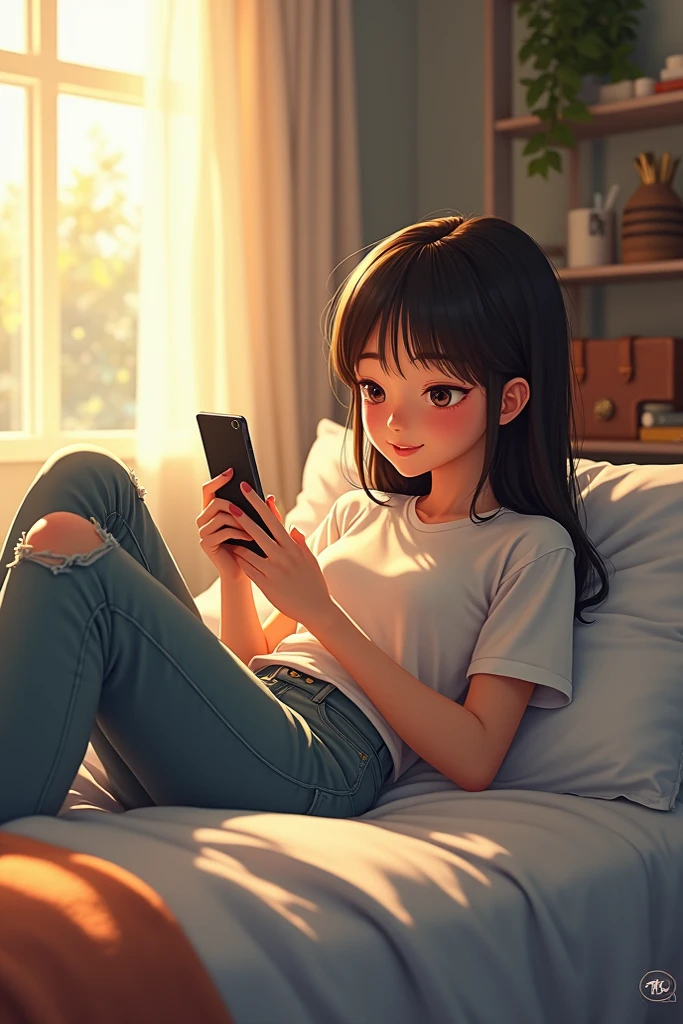 A 3D caricature rendering by Autodesk Maya of a semi-realistic characte. A tired young girl with disheveled long hair sits on a light gray sofa, her expression indicating exhaustion. She holds a smartphone in one hand while her other hand supports her head. She wears a loose-fitting white t-shirt and has bare feet resting on the couch. The background is softly blurred, emphasizing her relaxed and weary demeanor. advertising big head,
