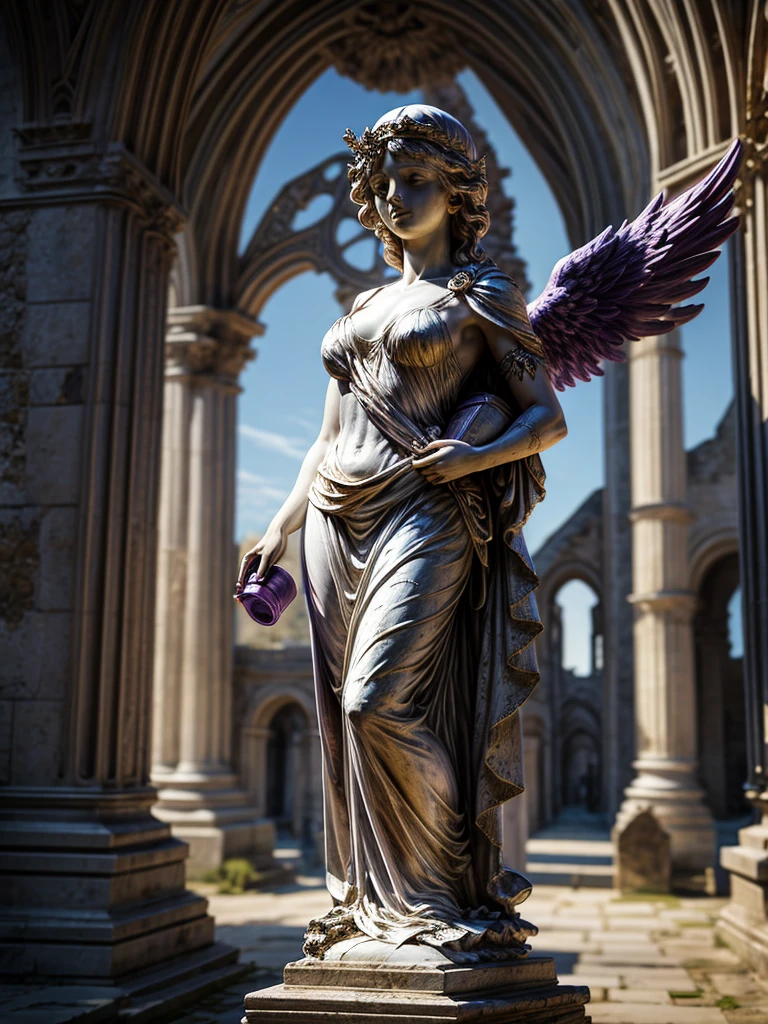 Angel statue lifting a purple flask with medieval ruins in the background