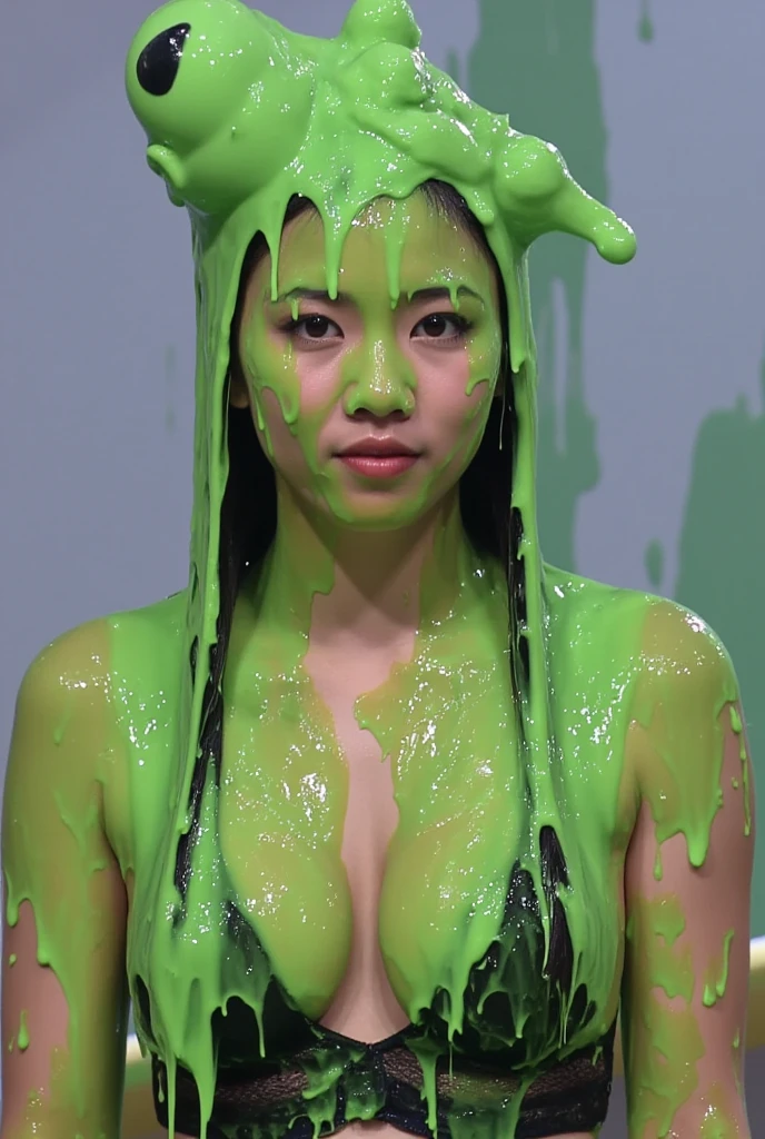 8k, hd, masterpiece, hyper realistic, super detailed, extreme realism, photo realistic, sharp focus, (Canon50: 1.5), (Asian woman sitting: 1.9), 1 woman, Asian model, (squid games: 1.9), beautiful face, delicate eyes, cleavage, (wet slime dripping down head: 1.2), wet slime dripping down body