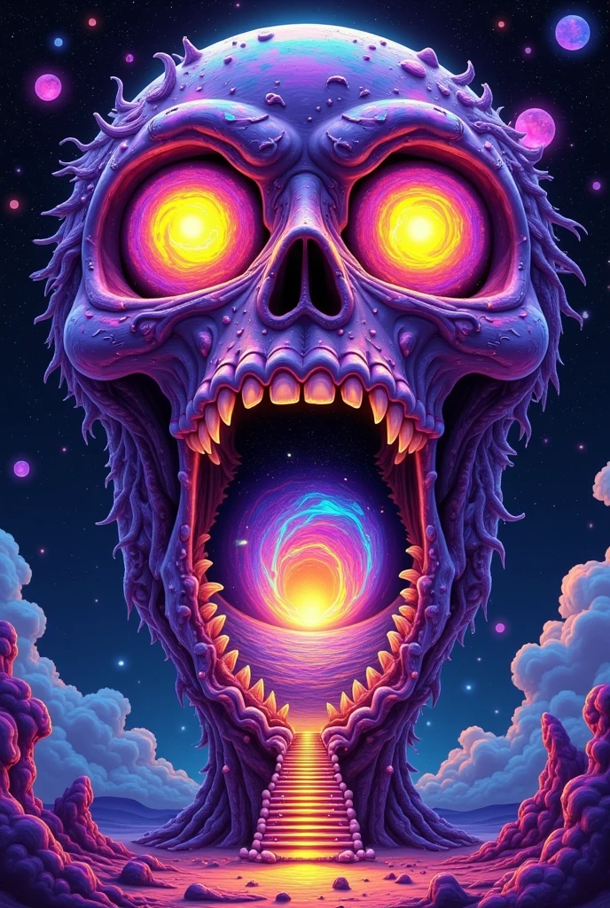  A colossal, extraterrestrial entity constructed from a matrix of ancient, fossilized bone and primordial earthy fragments, suspended in the infinite vastness of space, its massive, multifaceted eyes - akin to polished opals - radiating a kaleidoscope of colors, intently regarding the viewer with an unblinking gaze, its jaws agape, revealing rows of sharp, skeletal teeth, within the dark recesses of its cavernous maw, a swirling, nebulous wormhole portal pulsates with iridescent hues, an ethereal, cosmic staircase - reminiscent of DNA's double helix structure - spiraling upward toward its open mouth, illustration masterpiece blending intricate, organic patterns and surrealistic shapes, echoing the dreamlike, futuristic visions of Ash Thorp, Simon Stalenhag, and Android Jones, characterized by vibrant, glowing neon synthwave colors, rich textures, and blending of digital painting, futuristic organic forms, and abstract, otherworldly elements. vibrant glowing neon