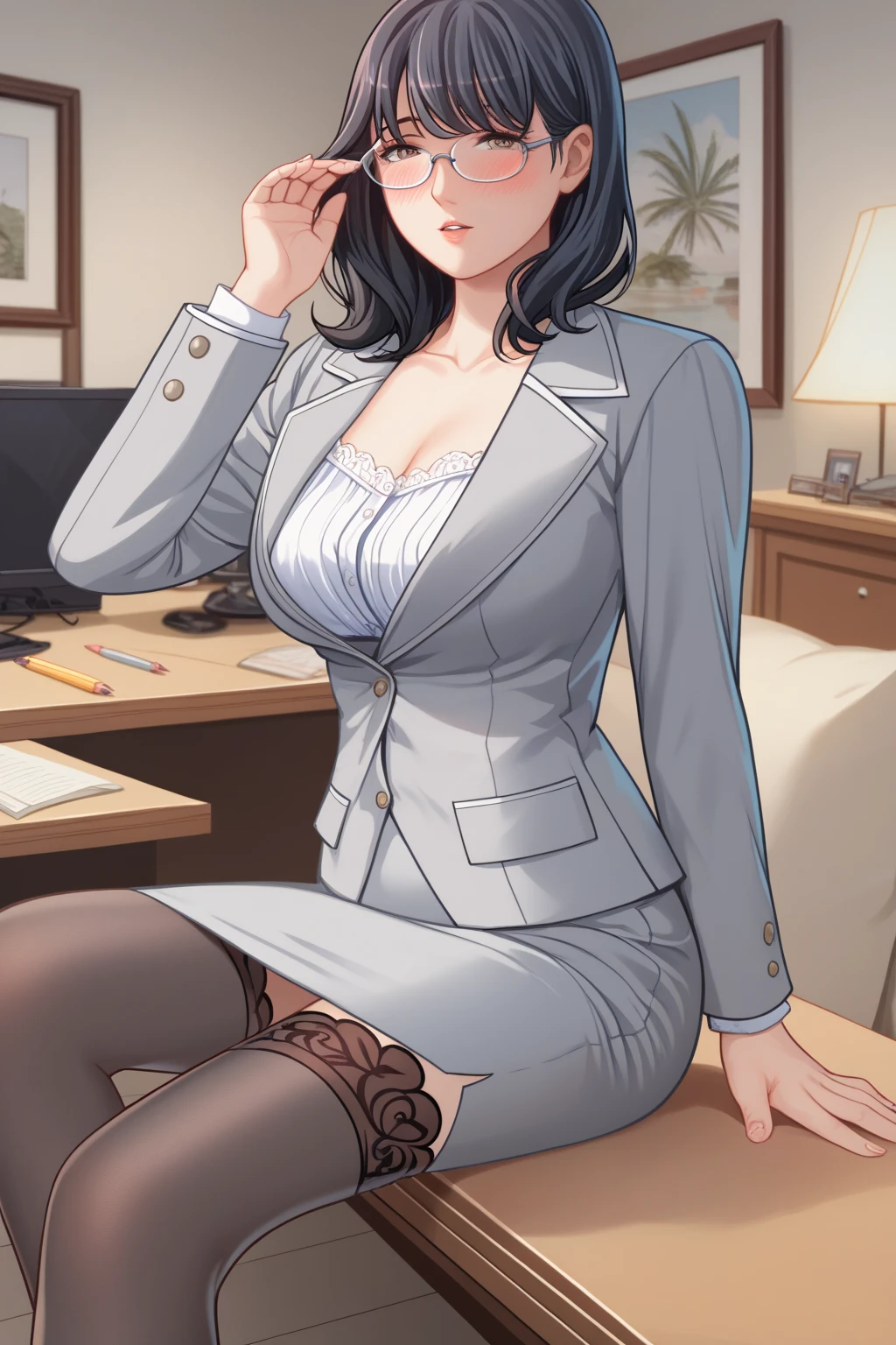  adult woman,Age 30,Married Woman, medium hair,bangs,  black hair,  Brown Eyes , frameless glasses ,clavicle,chest,Crest, grey jacket ,white blouse with bow , Grey Flared Skirt, pencil skirt, black floral stockings,Background love hotel, blush,Open your eyes, closes her mouth,Stand in front of the bet,Character portrait,Composition from head to knee , 1 girl ,solo, Anatomically Correct,  high definition , accurate, 最 High Quality ,  high detail,  high definition model ,  High Quality ,  Ultra High Definition,  textured skin,  8k octane
