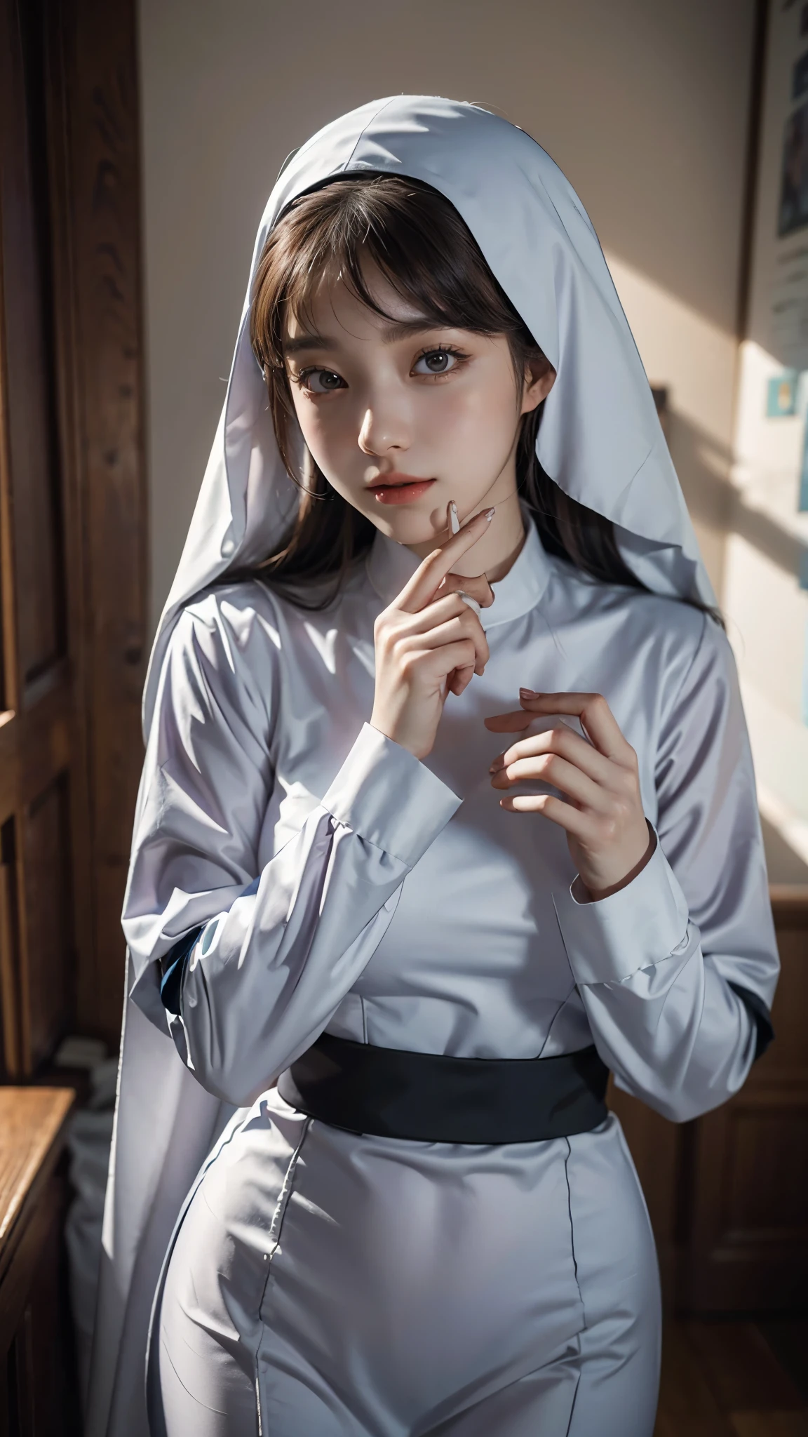 a 30 yo woman，（high-top fade：1.3），long whitr hair，dark themes，soothing tones，pastel colour，hight contrast，（Natural skin texture，ultra-realistic realism，the soft light，Sharp），lewd nun，full bodyesbian