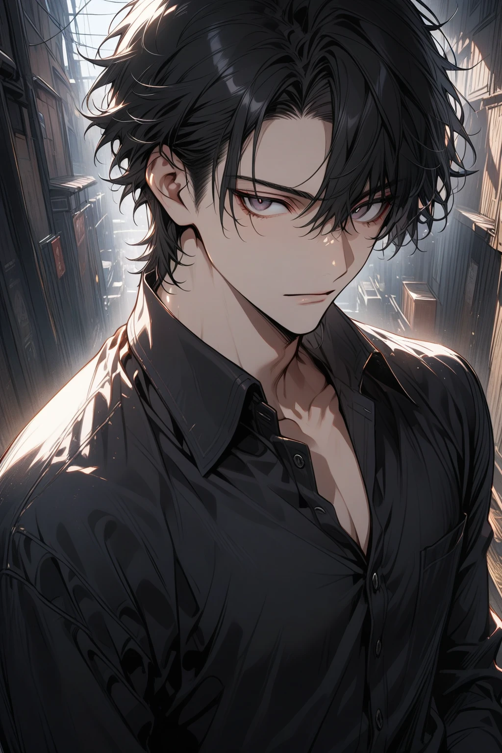 Man, handsome, short black hair, dark eyes, shirt