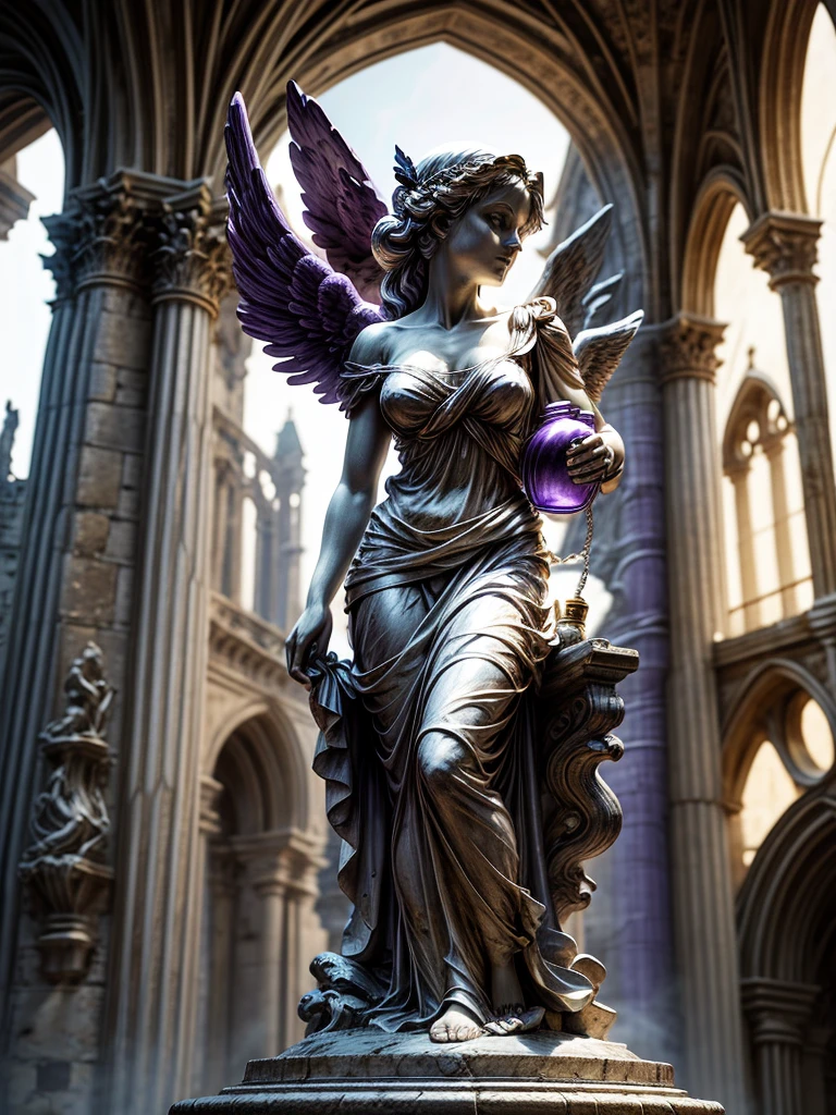 Angel statue lifting a purple flask with medieval ruins in the background