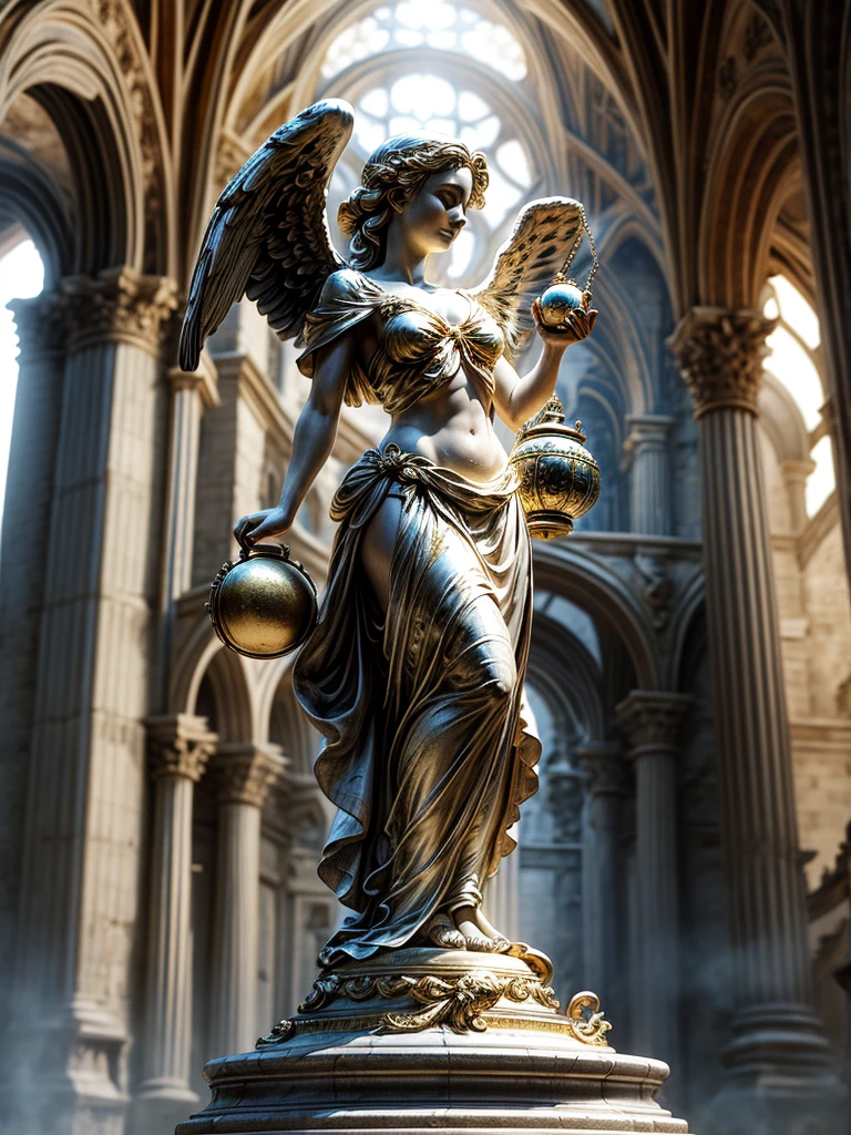 Angel statue lifting a gold flask with medieval ruins in the background