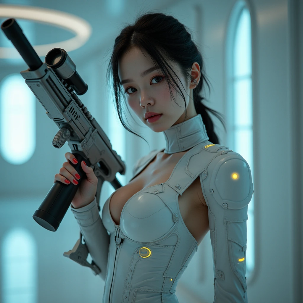 score_9, score_8_up, score_7_up, score_6_up, score_5_up, score_4_up, cl3arcyb, 1girl, neon, clear cyborg, weapon,