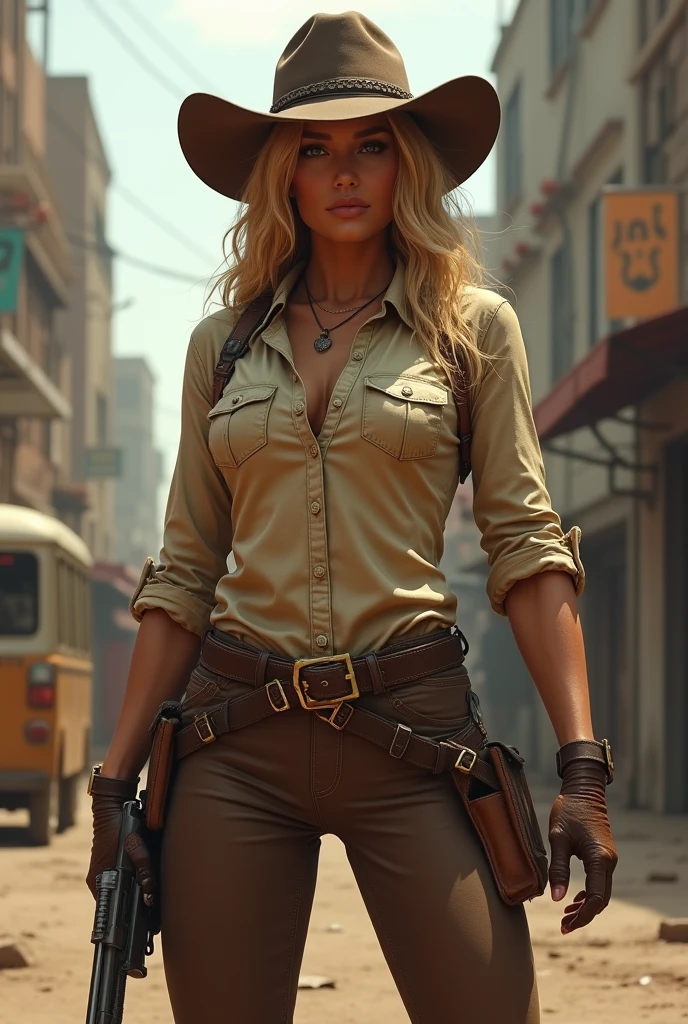Jennifer Lawrence, a female Indiana Jones with slightly shiny tanned skin with large breasts, dressed in a loose open dripping Indiana Jones outfit, with a far open shirt, with a very ripped and torn blouse with a plunging neckline, pushed down over her right shoulder; stands in a dark room lit with flickering torches on the inside of a large Aztec pyramid. Her skin and clothes are dirty with mud. A large dark menacing shadow moves in the background.
