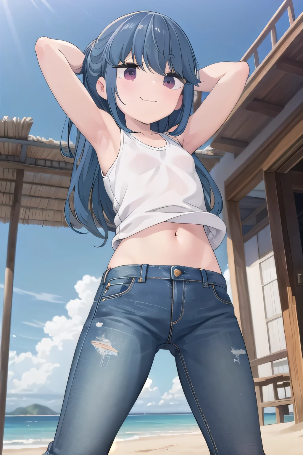 masterpiece,best quality,ultra detail,1girl, ****,petite, smile happily,background((under the beach, (day:1.2), under sand beach, bright sky)), {shima_rin_yurucamp:1.15}, long hair, Raise your arms and bring them behind your head, white tank top, white crop top, jeans, blue pants, (flares jeans 1:1), blue jeans, sex pose, (legs spread:3:1), orgasm, from below