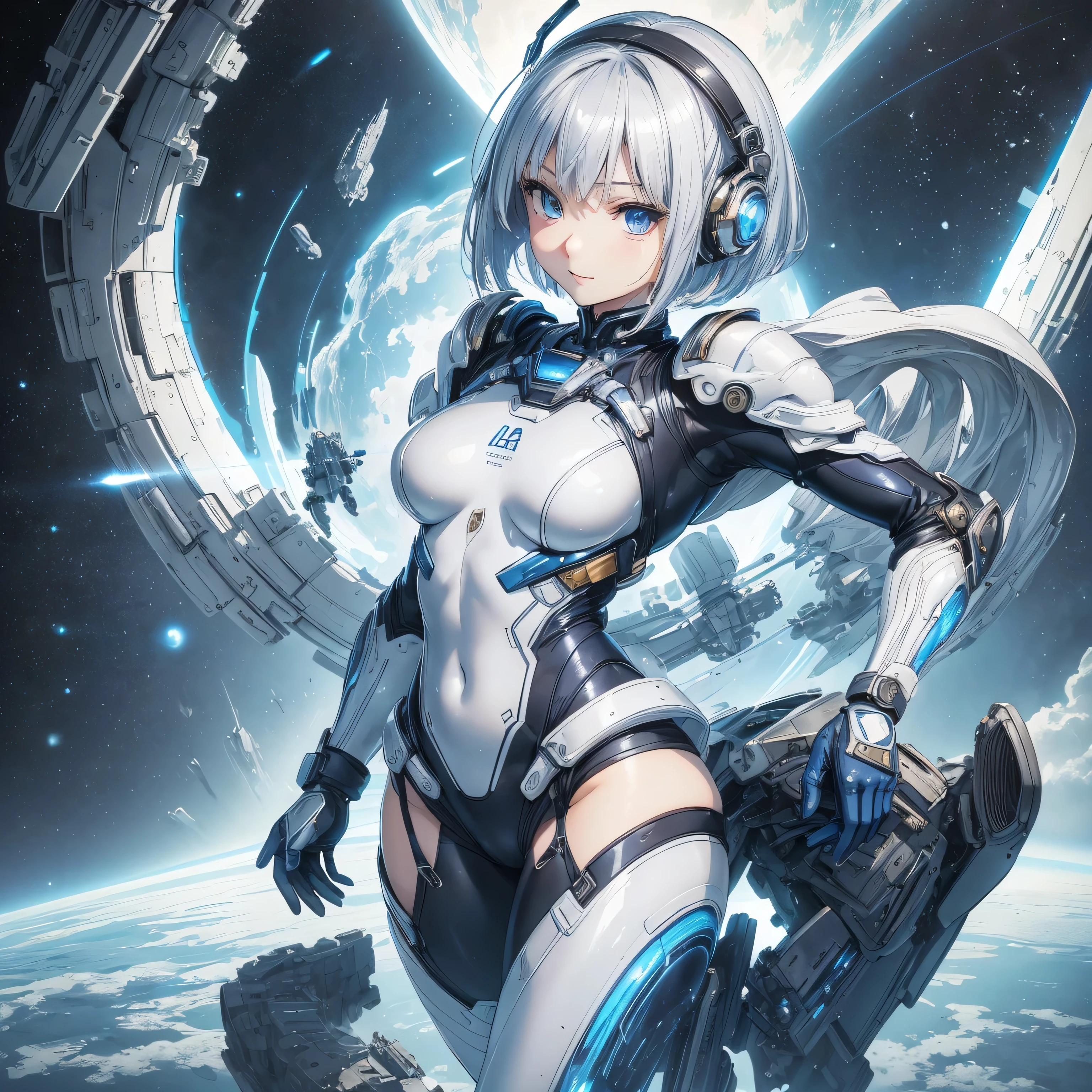 (masterpiece、highest quality、highest resolution、clear_image、detailed details、Angle from above): (full body figure、One 20 year old girl、Japanese faces、small face、Slender、Navy blue super short bob cut hair、(hidden small breasts:1.3)、sparkling blue eyes、Shiny pilot suit in blue and black colors、armor that protects the chest、tight fitting clothes、clothes that cover the whole body、shiny clothes、tight fit pants、hide the skin、very delicate and beautiful、detailed skin、hide thighs、hide your butt、cute type、gentle smile、soft expression、heroine、headset、Knee-high boots、gloves up to the elbow、eye level shot、facing directly、woman on a spaceship)